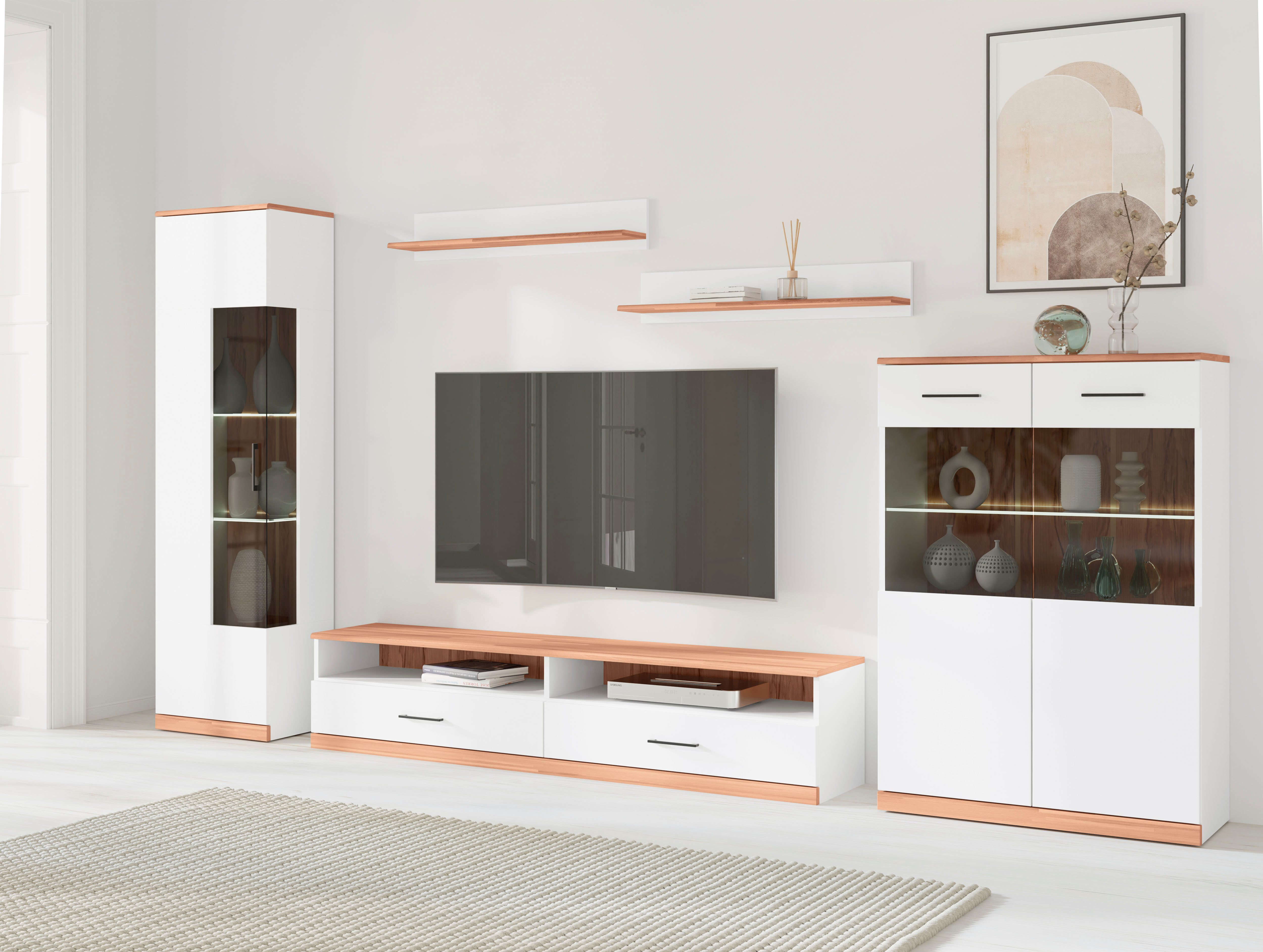 Home affaire Wohnwand Ribe Wohnwand Set-5 St., (Set, 5-St), Glaseinsatz aus gehärtetem Glas,Böden teilweise versetzbar