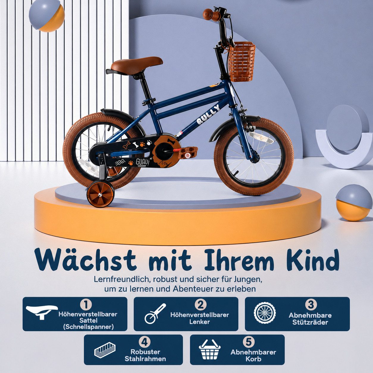 RULLY Kinderfahrrad Kinderfahrrad für Jungen 12/14/16 Zoll, 2–7 Jahre, 1 Gang, Mit Korb, Stützrädern, Schutzblechen & Klingel
