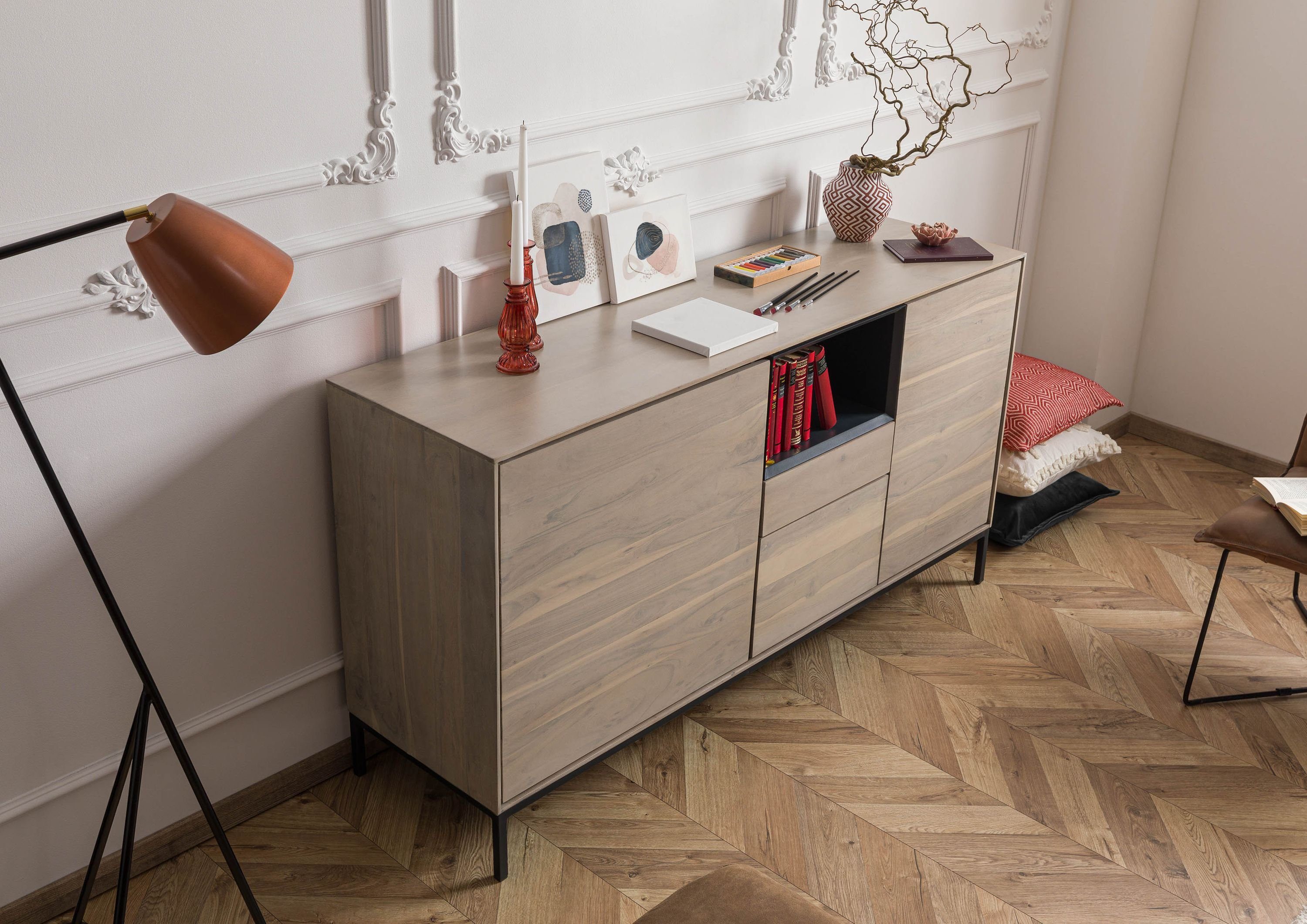 Massivmoebel24 Sideboard CHICAGO (Massivholz), Sideboard Akazie 160x45x85 grau-weiß geölt CHICAGO #04