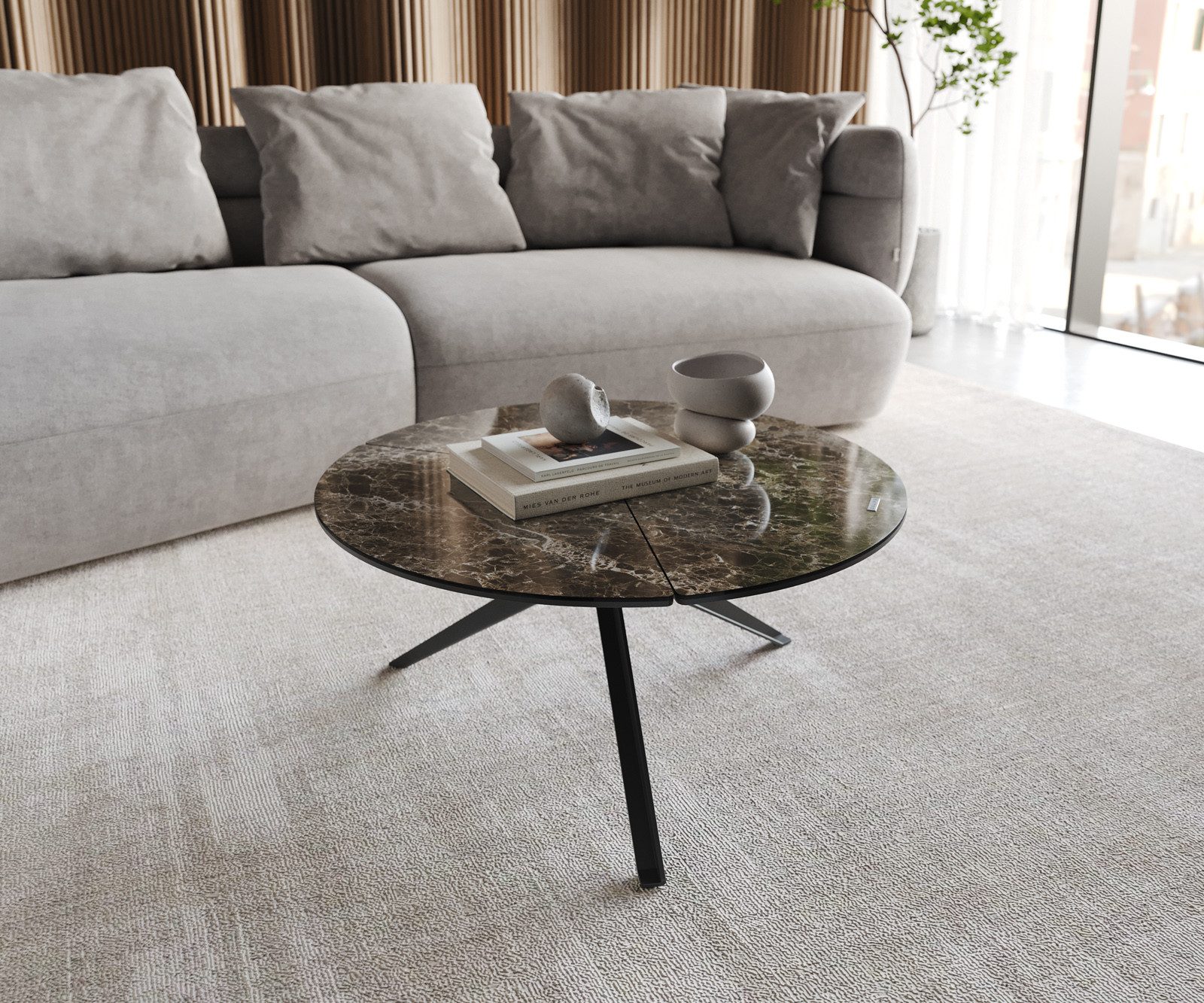 DELIFE Couchtisch Delron, Keramik Emperador Extra Lucidato Dunkelbraun 70x70 cm Kreuzfuß Flach M