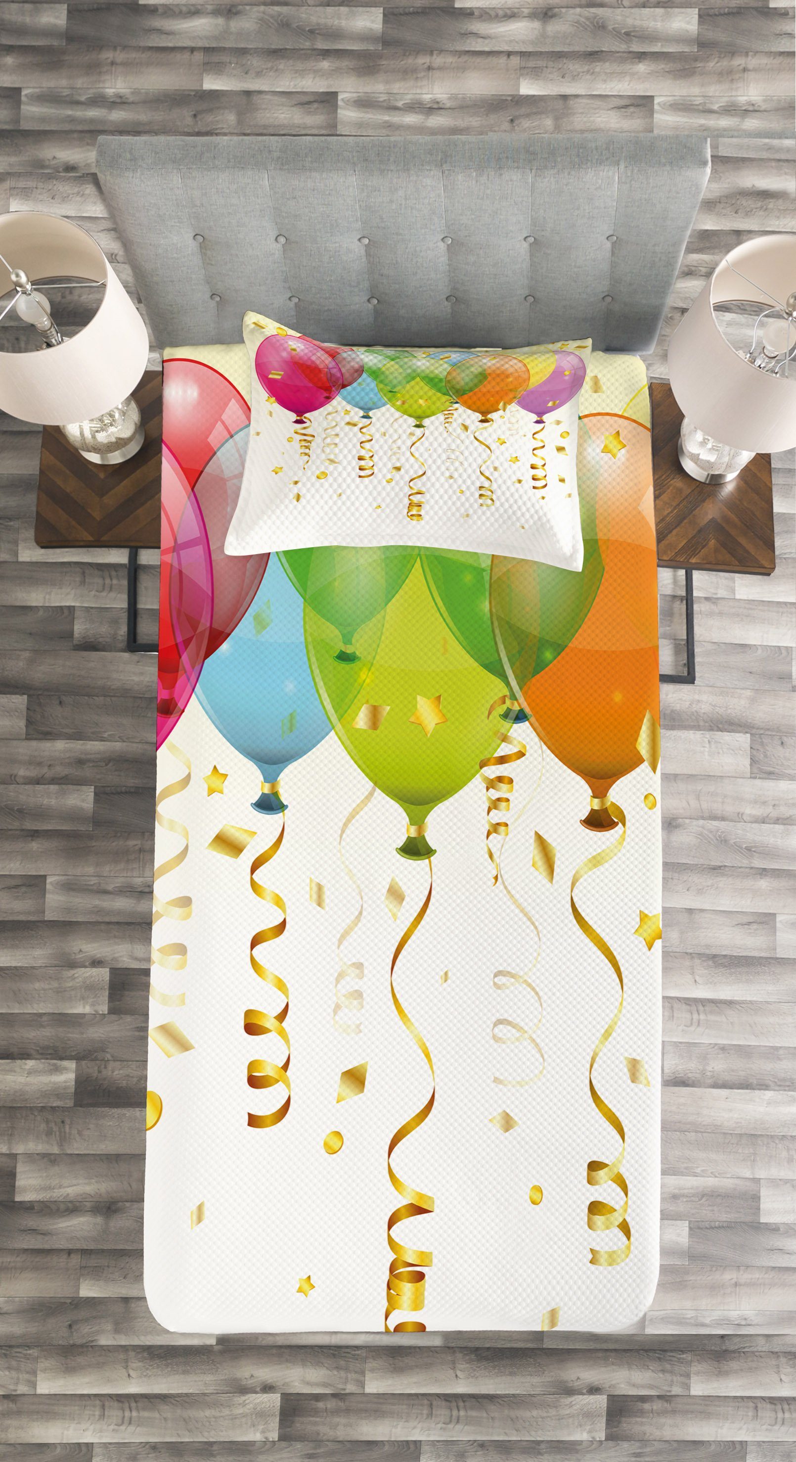 3D Party Tagesdecke Waschbar, Set Regen mit Balloons Kissenbezügen Abakuhaus,