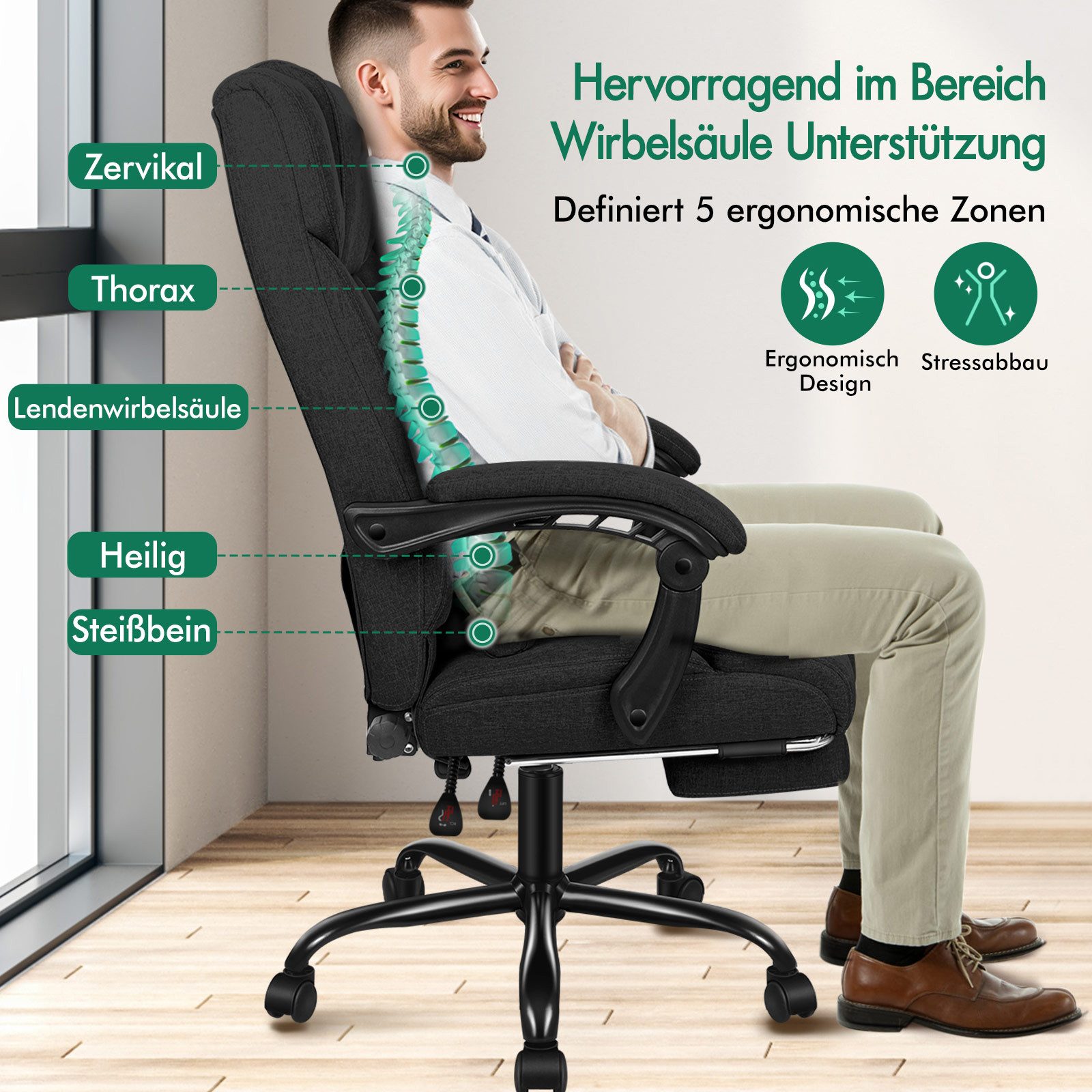 ALFORDSON Bürostuhl mit Fußstütze und XL-Lendenkissen, 150° neigbar, Schwarz