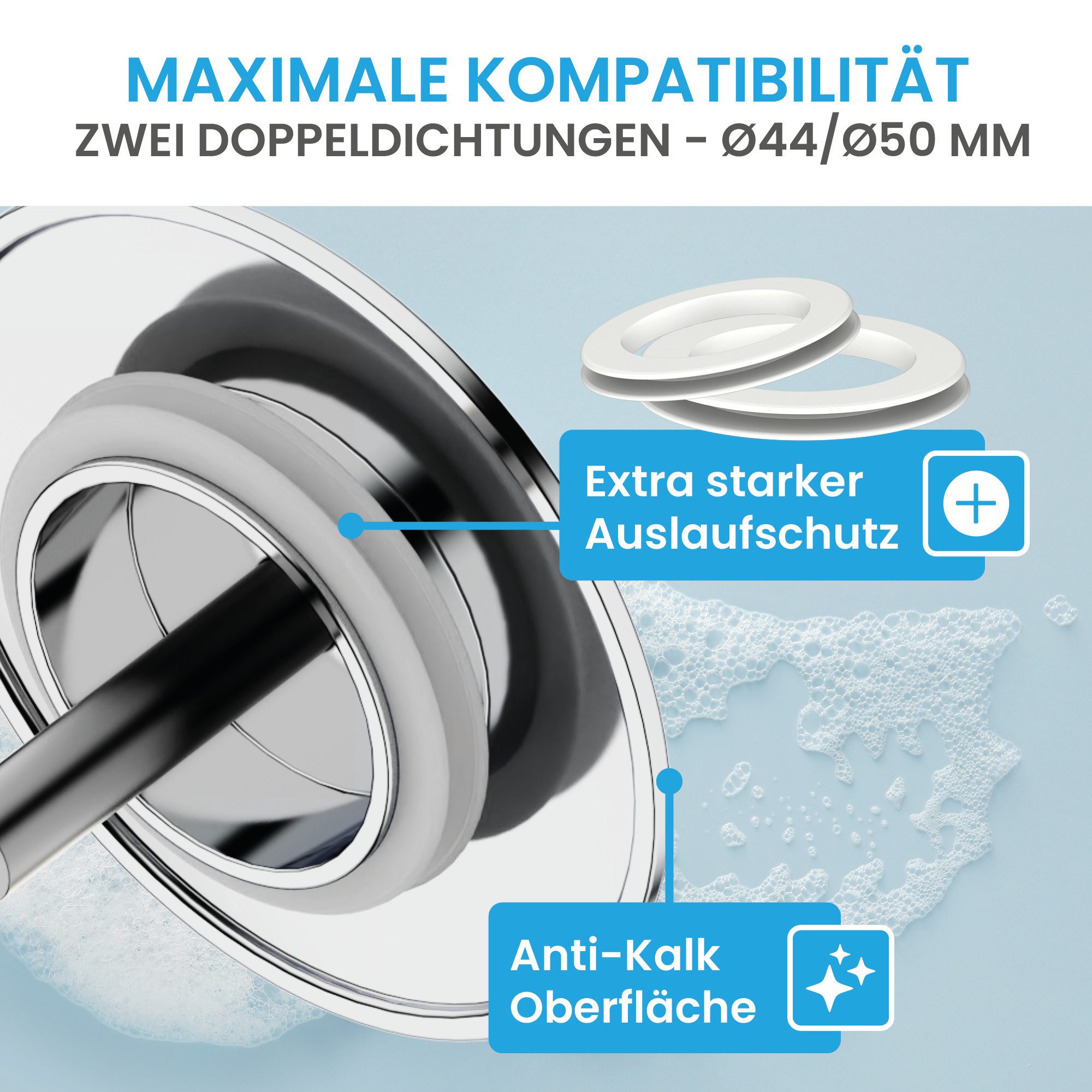 Bächlein Badewannenstöpsel Hochwertiger Badewannenstopfen mit Excenterverschluss, (Chrom), Ablaufgarnitur für jede Badewanne inkl. Dichtungen