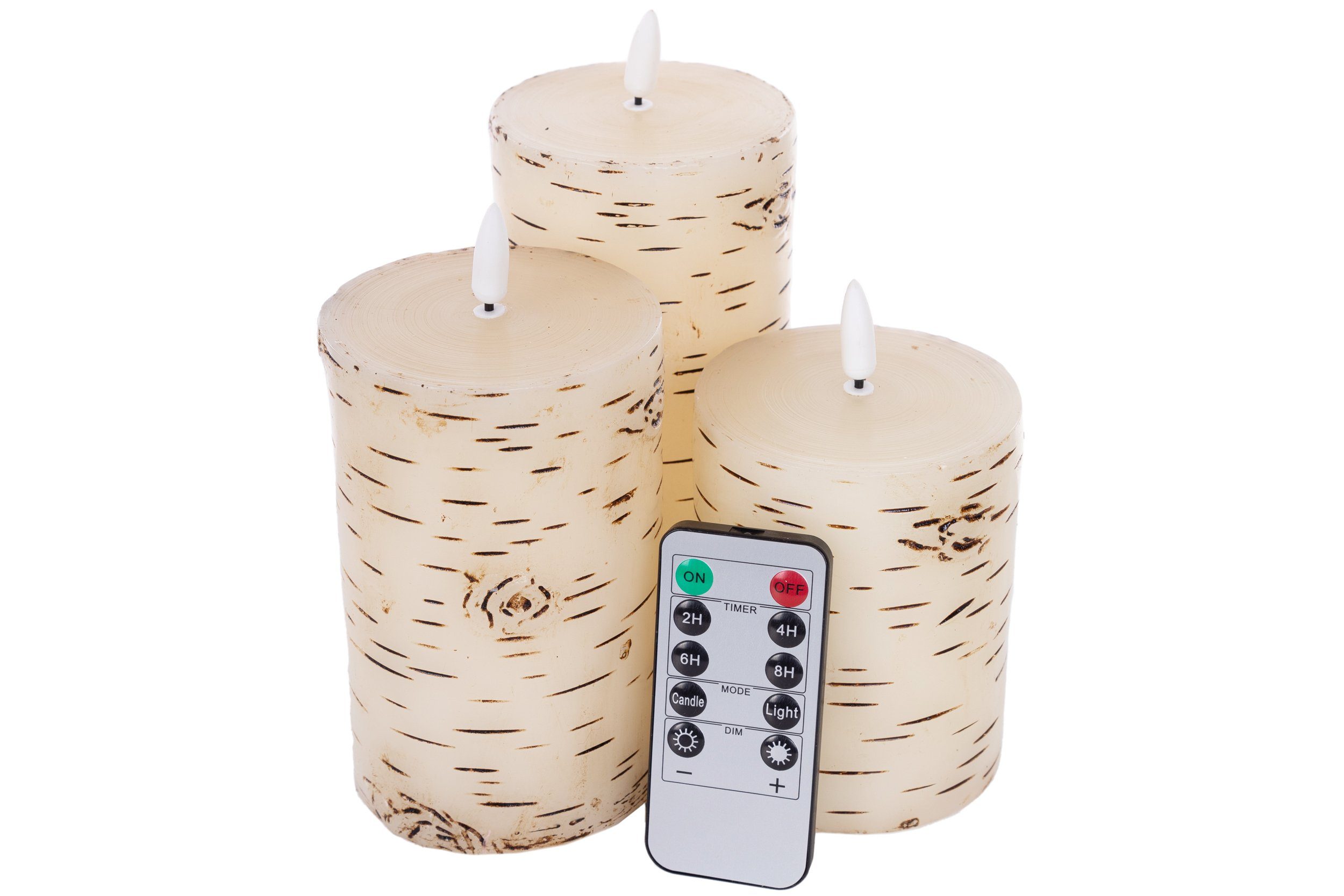 Wohnando LED-Kerze 3er-Set LED Kerzen mit Dekor 'Birke', im Winter mit Fernbedienung – Bild 3 von 5