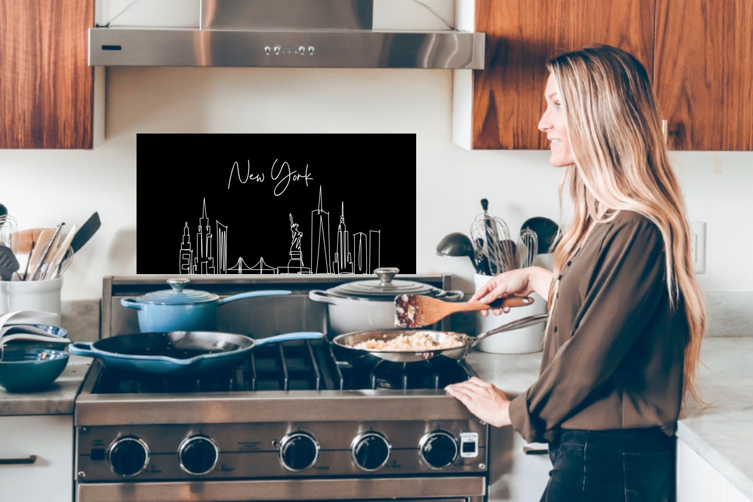 Skyline Stadt - Küchen gegen (1-tlg), New Wandschutz, MuchoWow Küchenrückwand York - cm, - Amerika Linienkunst, - für Fett 60x30 und Schmutzflecken