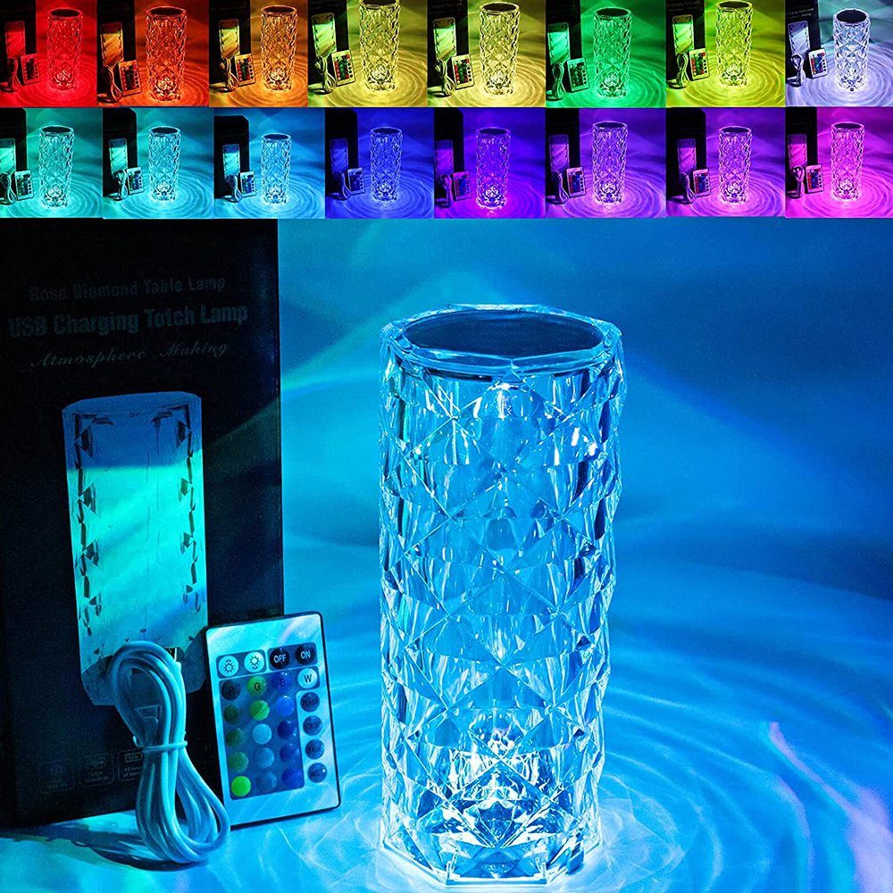iscooter LED Tischleuchte LED Kristall Tischlampe, Rosenschatten Kristalllampe, Acryl Diamant, LED fest integriert, Bunt, 16 Farben RGB LED Nachttischlampe Touch und Dimmbar, Mit Fernbedienung