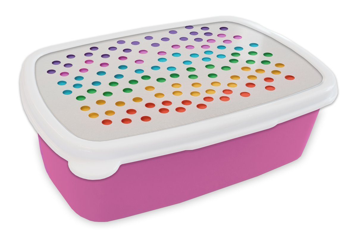 MuchoWow Lunchbox Regenbogenfarbene Löcher in weißem Papier, Kunststoff, (2-tlg), Brotbox für Erwachsene, Brotdose Kinder, Snackbox, Mädchen, Kunststoff rosa