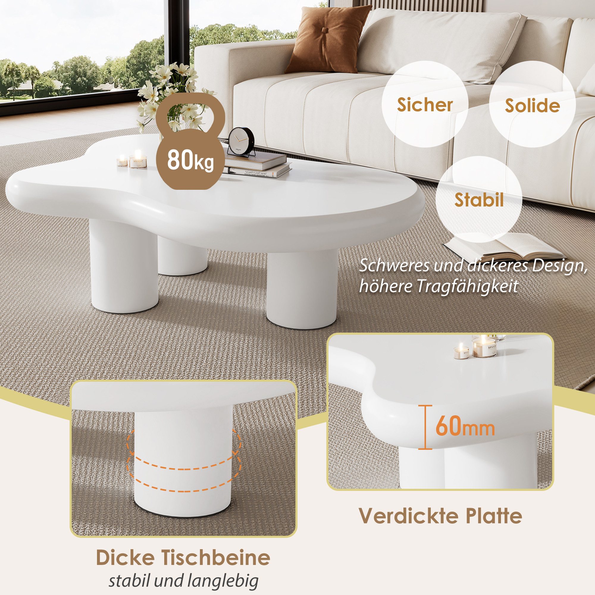 Odikalo Couchtisch Teetisch Unregelmäßiger Wolkenform MDF Filzunterlagen lackierte