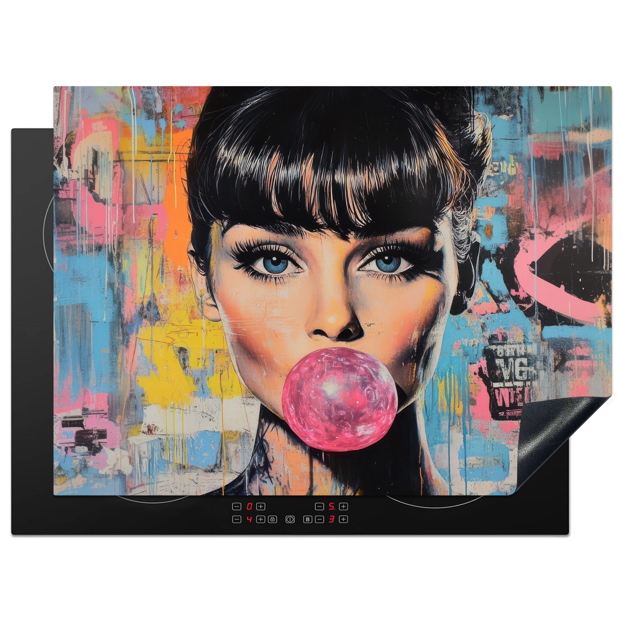 MuchoWow Herd-Abdeckplatte Kaugummi - Frau - Pinselstriche - Modern, Vinyl, (1 tlg), Ceranfeldabdeckung Küche, Herdabdeckplatte Einteilig, 70x52 cm