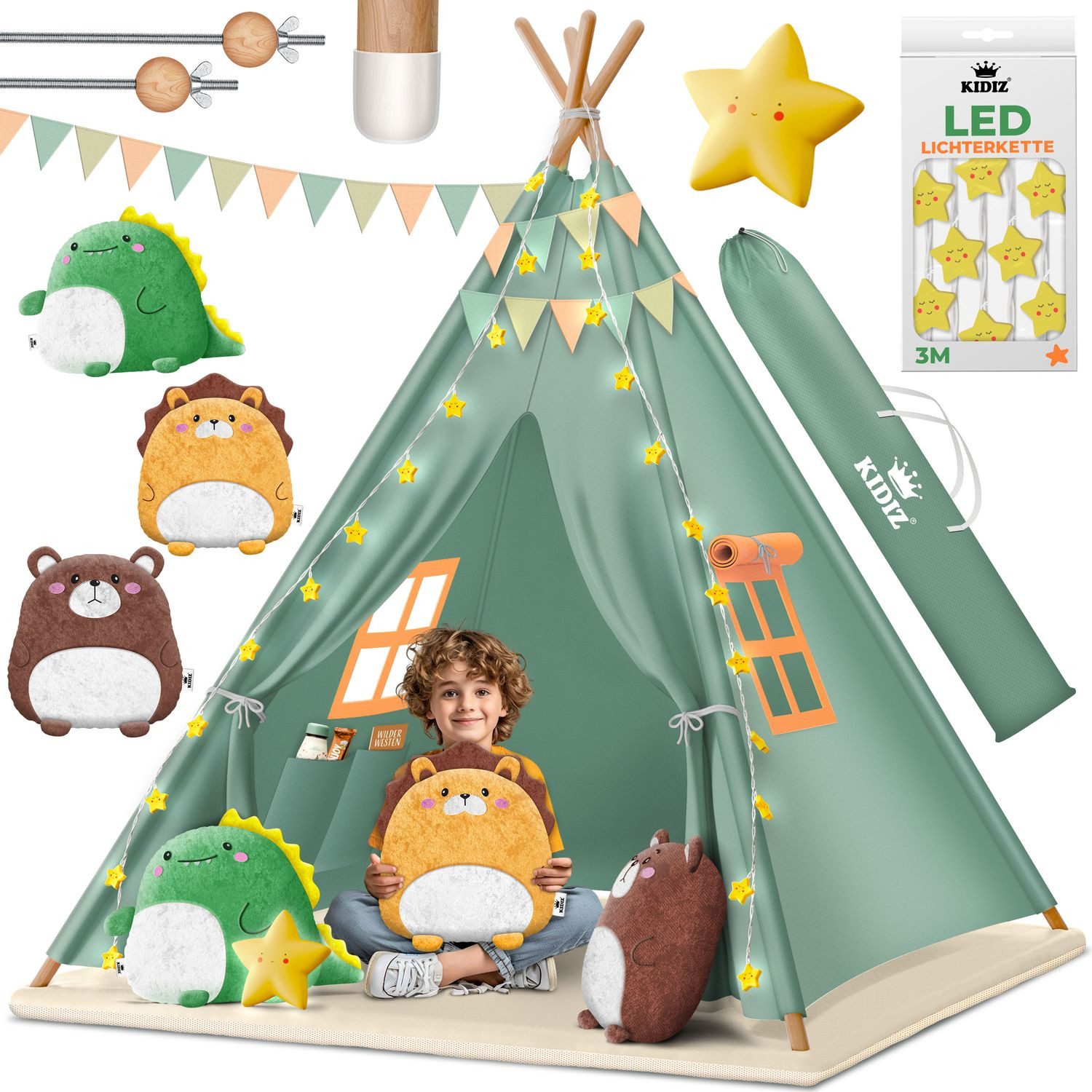 KIDIZ Spielzelt Tipi Zelt für Kinder aus Baumwolle 100x100x160cm Kinderzelt (LED-Lichterkette, Leuchtstern, Girlande, 3 Plüschtiere, Matte & Tasche) Spielhaus für drinnen & draußen Tipizelt
