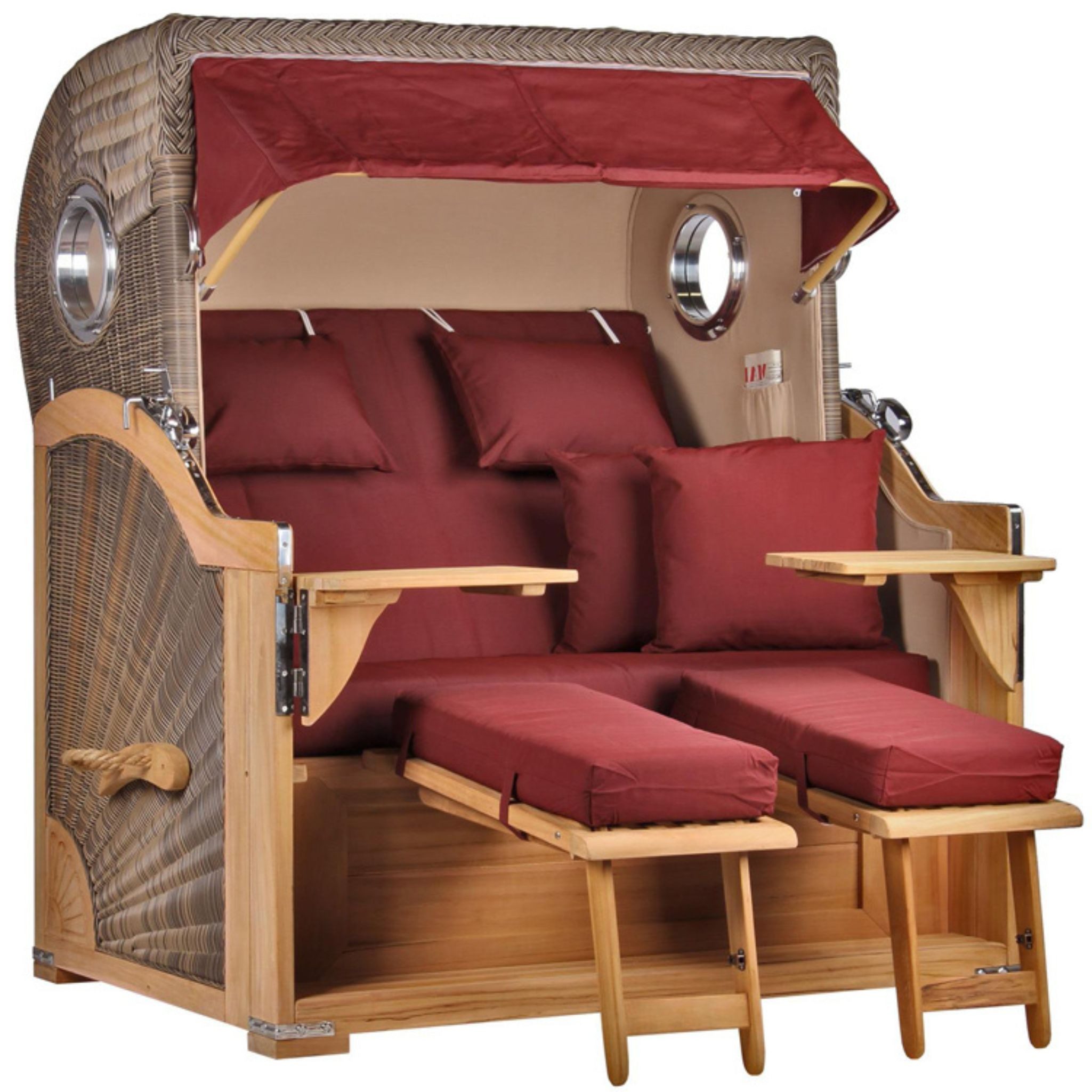 MR.DEKO Strandkorb XXL Baltikum 2,5-Sitzer Bullauge Teak PE Grey 142x170x95, BxTxH: 142x95x170 cm, Volllieger, Baltikum, (Wetterfester 2,5-Sitzer Strandkorb für Garten, Terrasse & Balkon), Volllieger mit Stauraum, Bullaugen & Edelstahl – komplett montiert