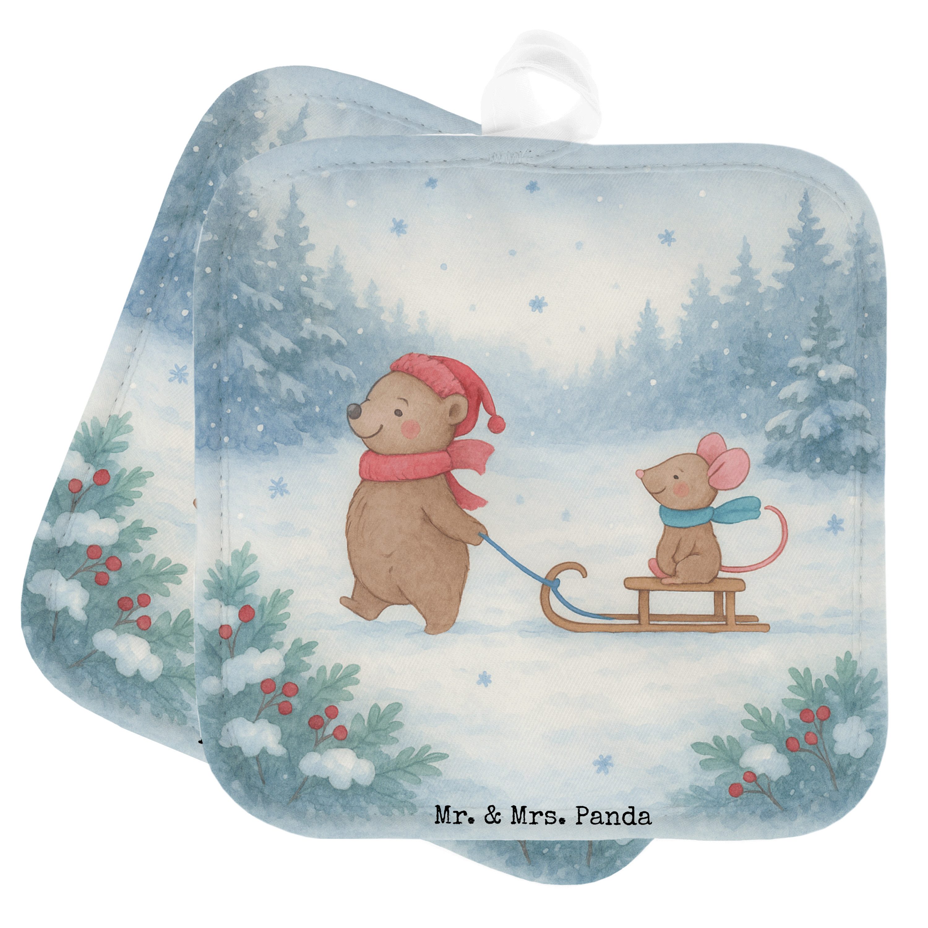 Mr. & Mrs. Panda Topflappen Bär und Maus Schlitten Design, Topfuntersetzer, Weiß, topfhalter, Top, (Packung, 1-tlg)