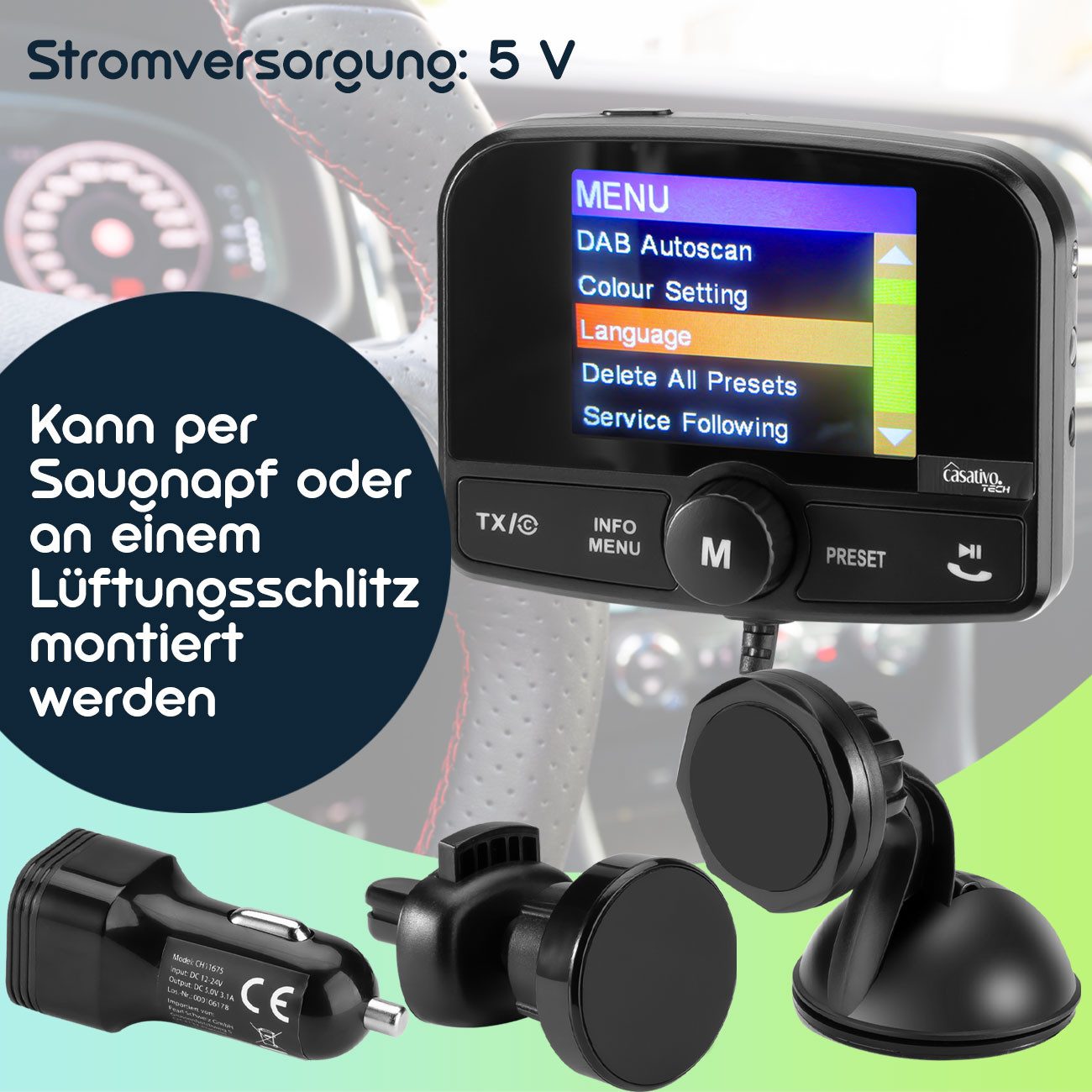 Casativo 4in1 Kfz DAB Radio Empfänger mit Bluetooth 5.0 Digitalradio (DAB) (Digitalradio (DAB), Digitales DAB+-Radio, MP3-Player und FM-Transmitter) – Bild 4 von 5