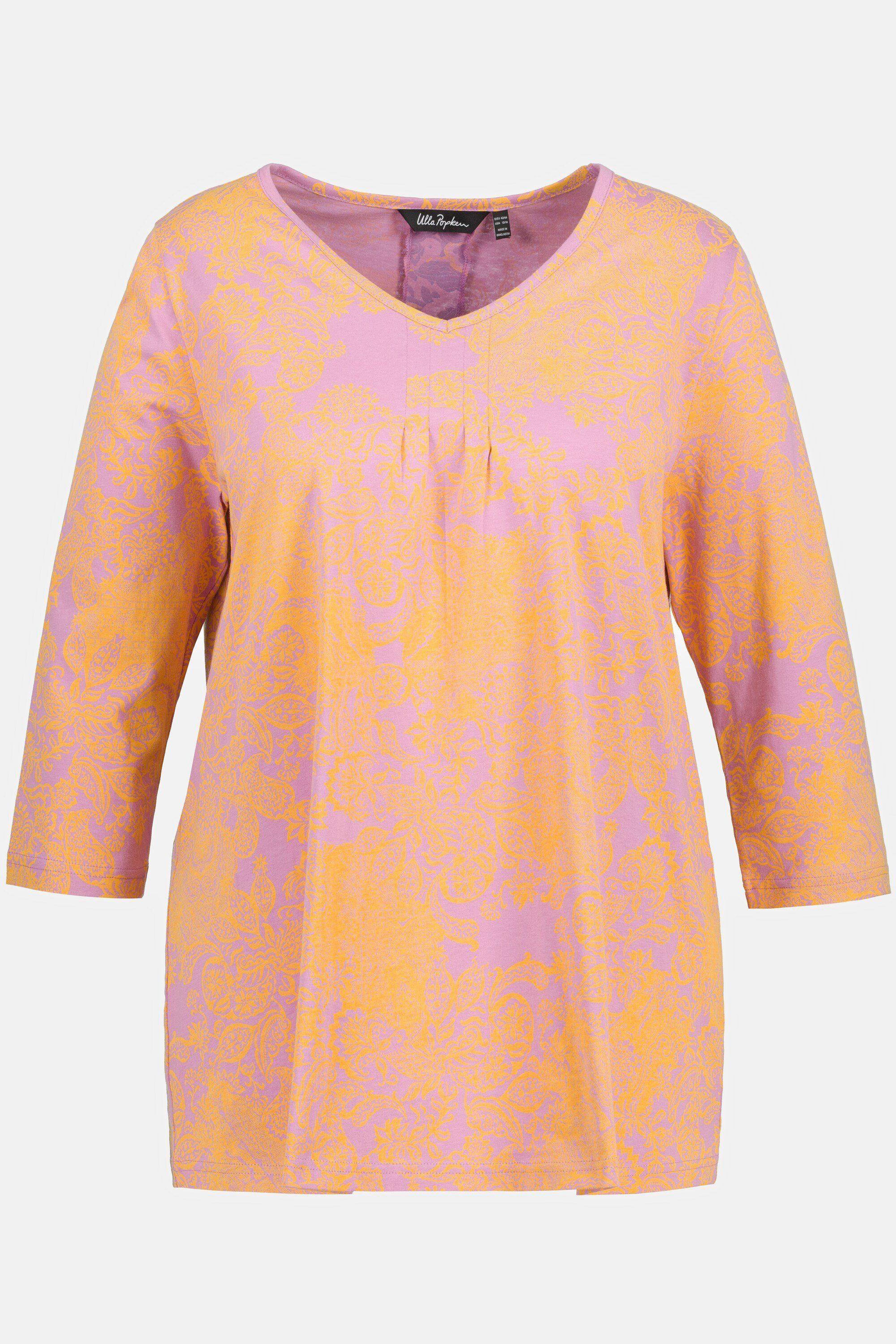 Zierfalten Rundhalsshirt Popken 3/4-Arm helles A-Linie Ulla pink Shirt V-Ausschnitt