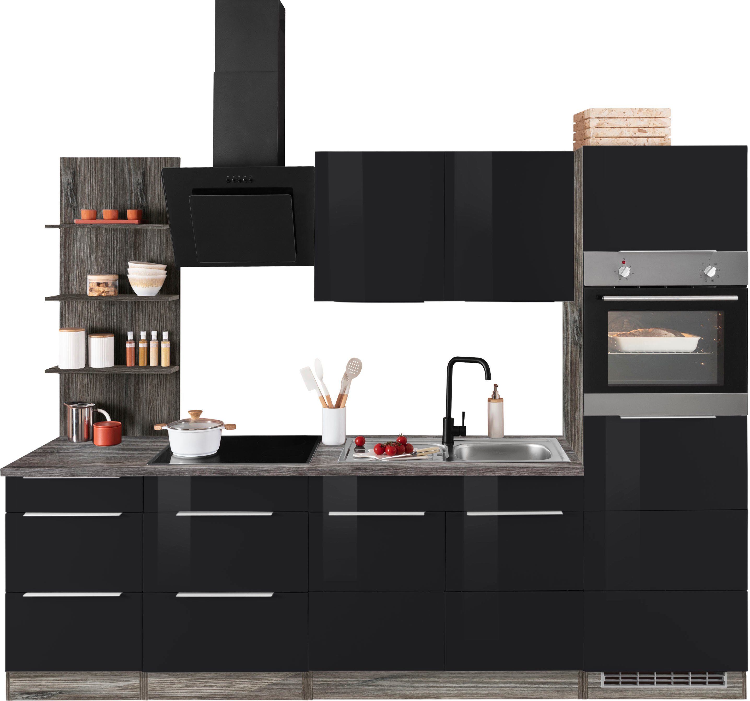 HELD MÖBEL Küchenzeile Brindisi, mit E-Geräten, Breite 270 cm schwarz