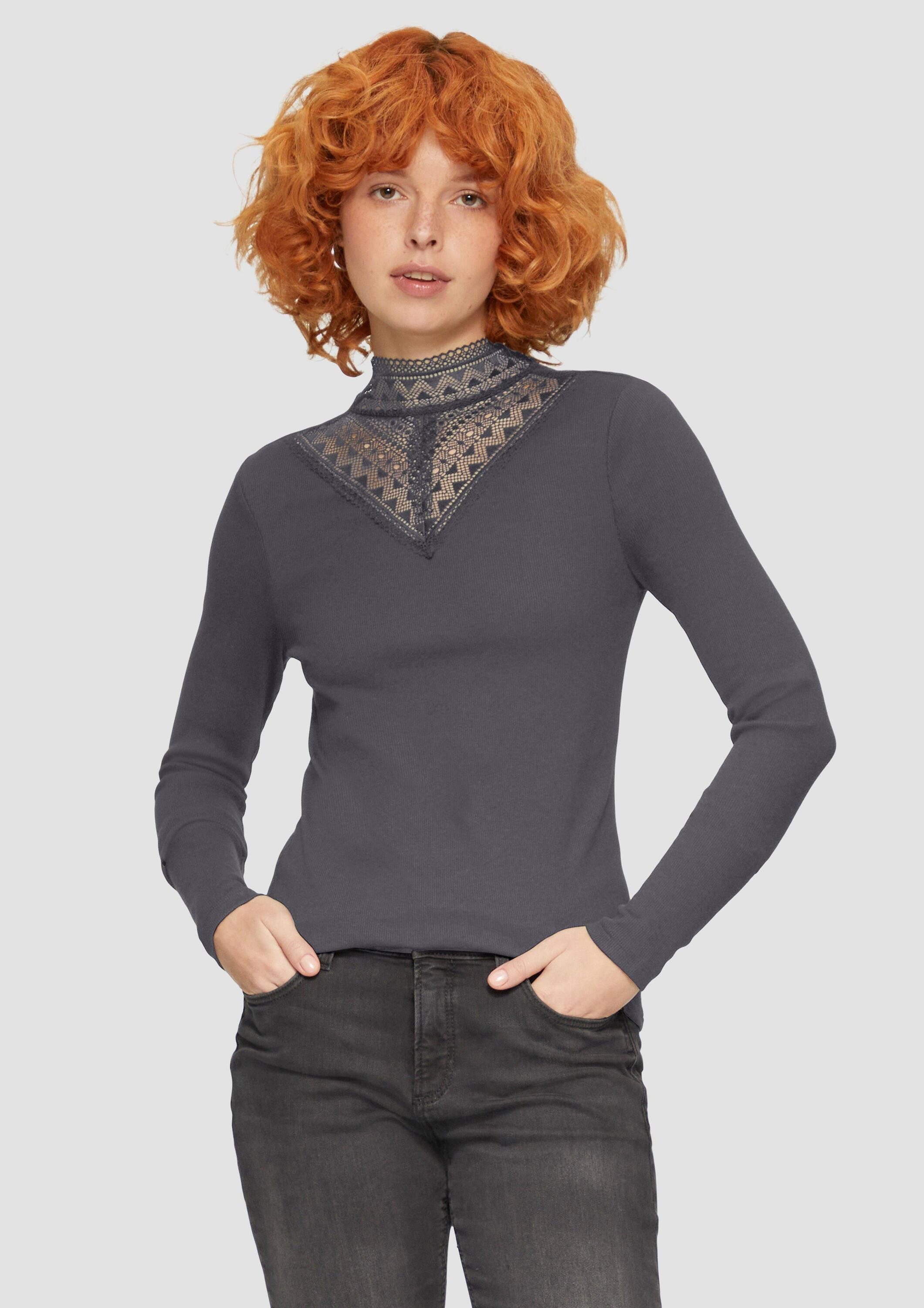 QS Langarmshirt T-Shirt Rippshirt mit Spitzeneinsatz und Stehkragen günstig online kaufen