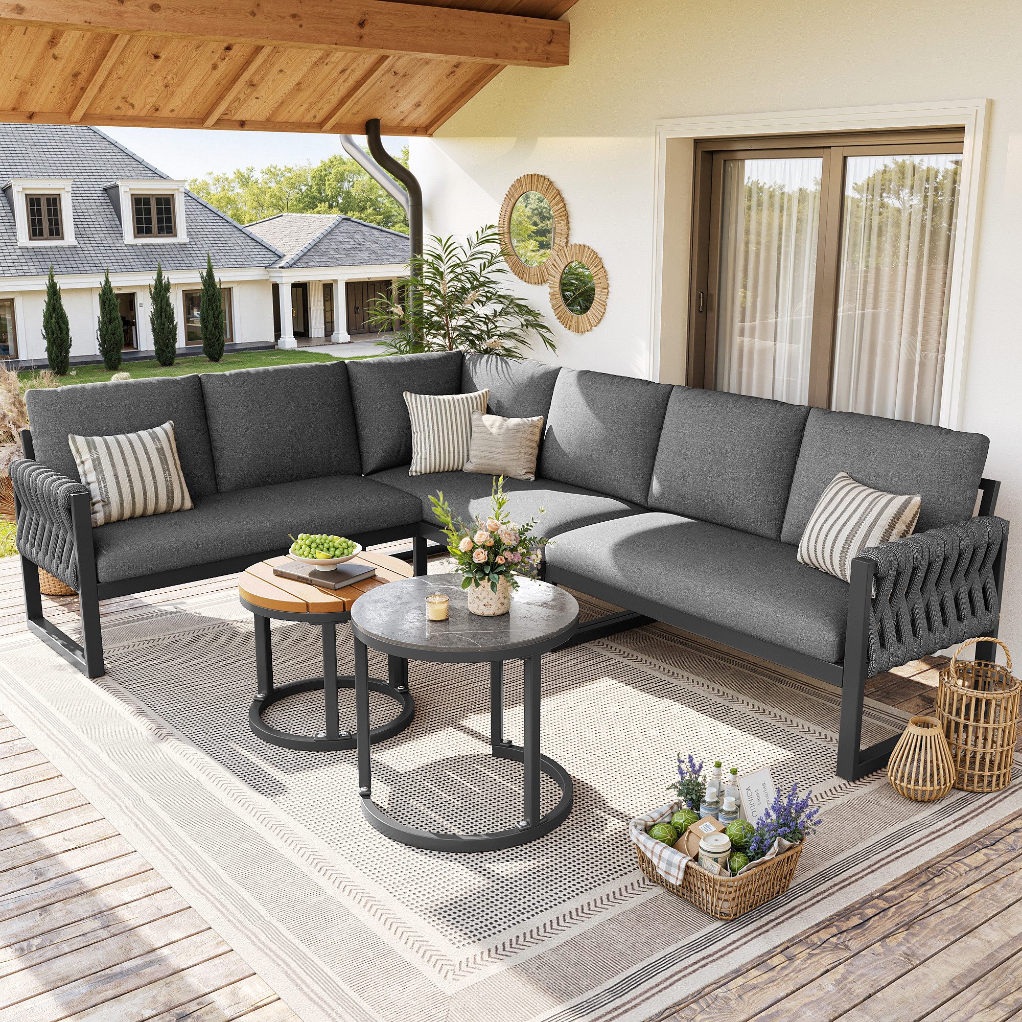 Merax Gartenlounge-Set L-förmiges Gartensofa-Set aus Eisen, (Gartenlounge Set mit verstellbaren Beinen & abnehmbaren Kissen, 5-tlg), 6-Sitzer Gartenmöbel Sitzgruppe mit Couchtische, 2-Sitzer-Sofa,Ecksofa