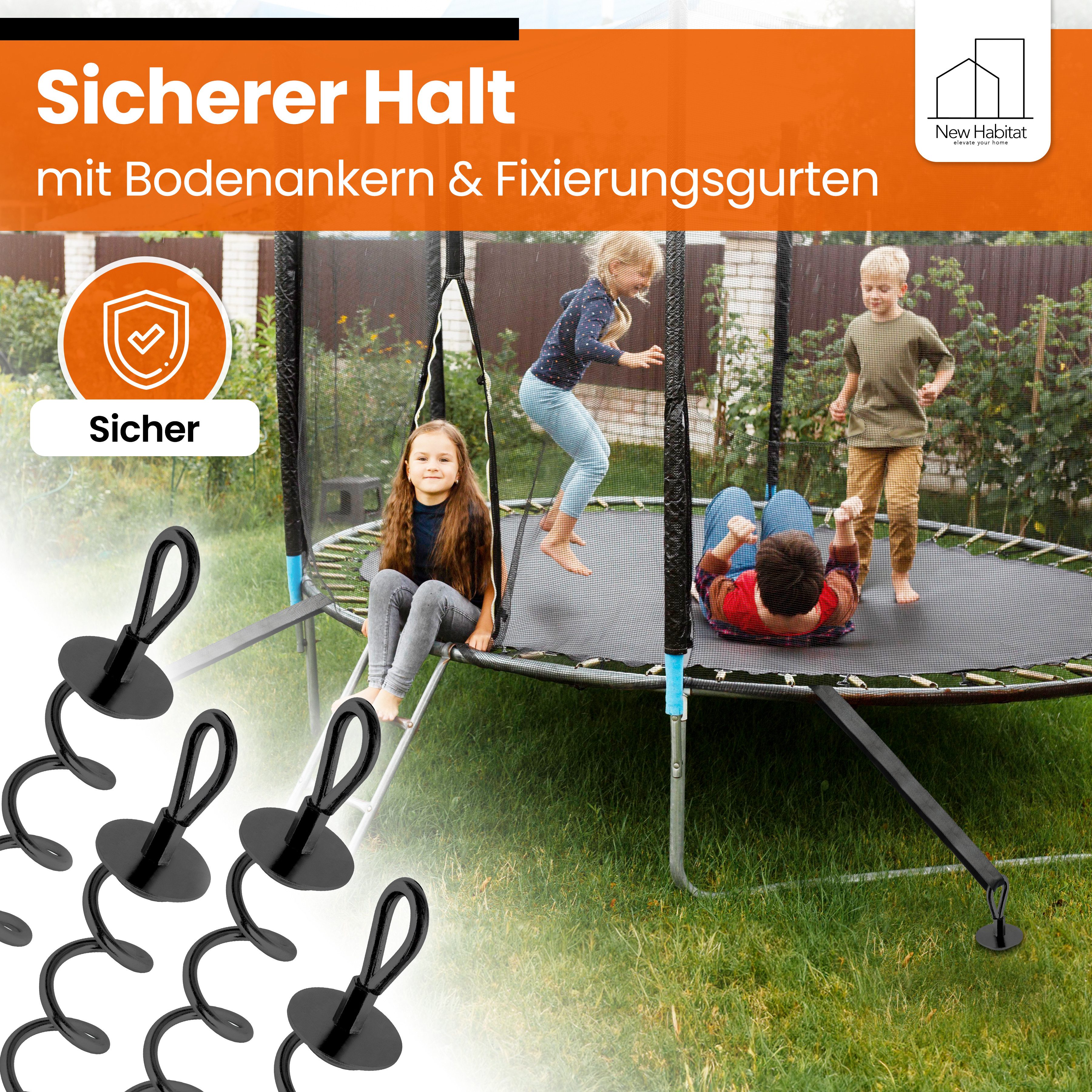 NewHabitat Bodenanker Erdanker zum Eindrehen für Trampolin, Schaukel, etc inkl. Gurte, für Trampolin, Schaukel, Pavillion, Festzelt uvm., zum Eindrehen, (Kompletteset, 4-St., inkl. Drehhilfe), Einfaches Eindrehen mit Akkuschrauber & 14-er Nuss