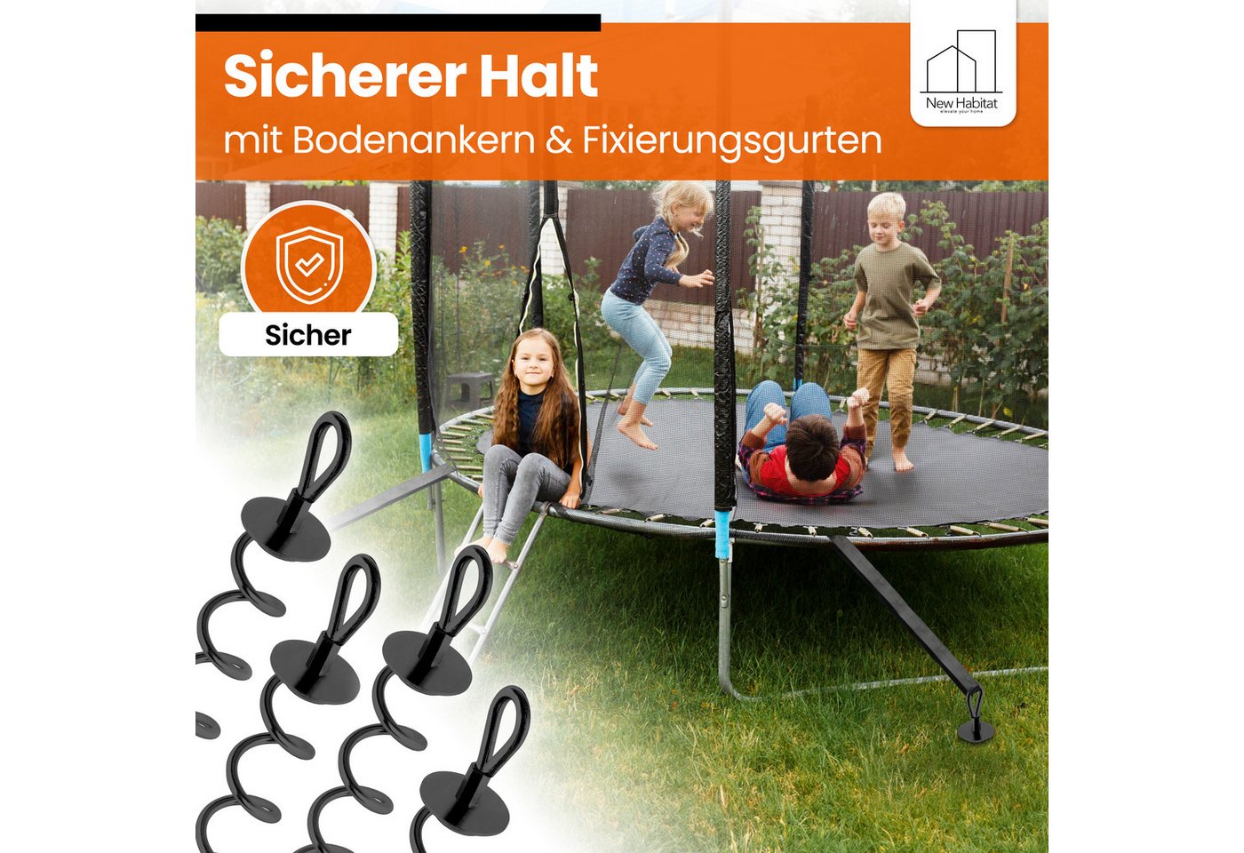Thumbnail - NewHabitat Bodenanker Erdanker zum Eindrehen für Trampolin, Schaukel, etc inkl. Gurte, für Trampolin, Schaukel, Pavillio...