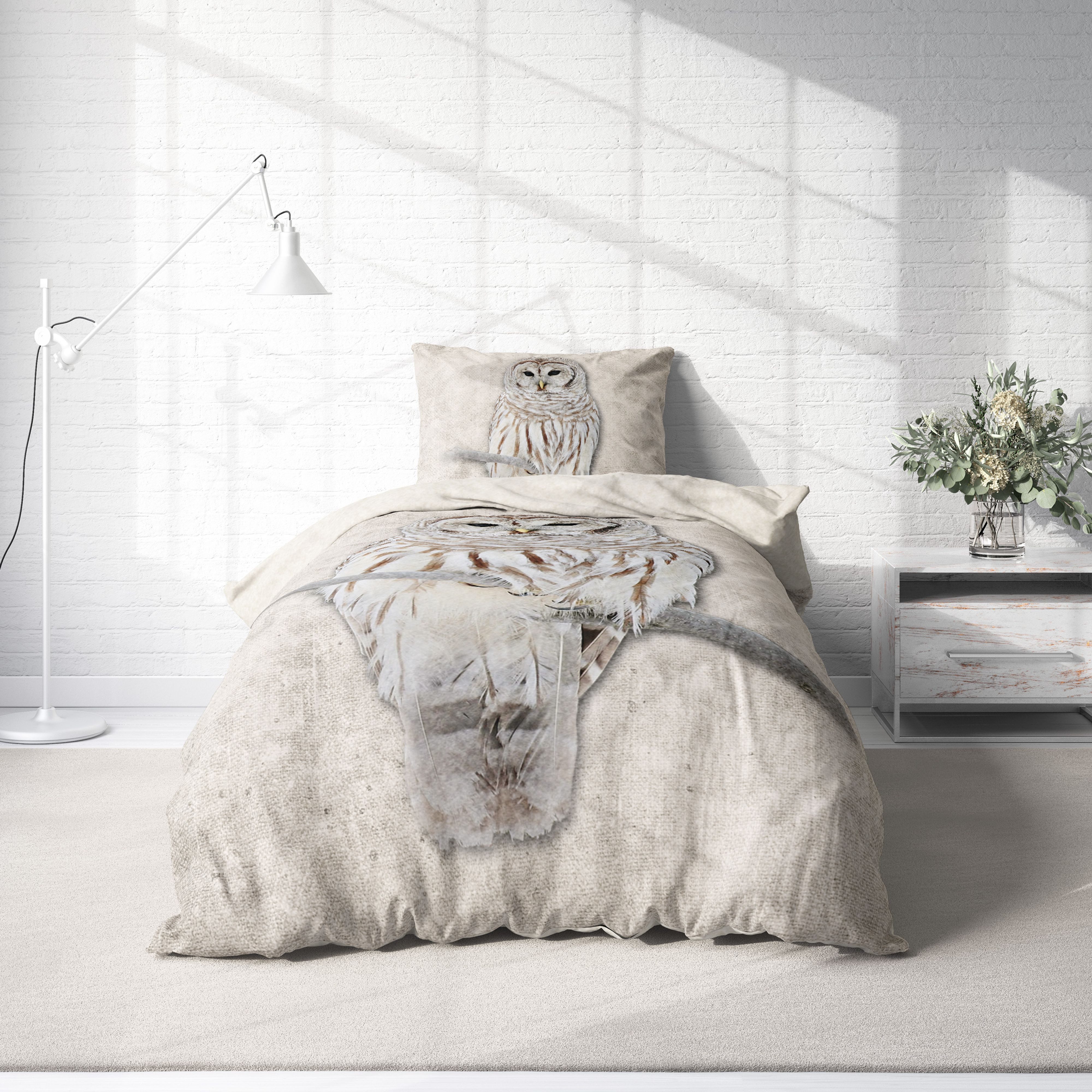 One Home Bettwäsche Winter Thermofleece, Fleece, 4 teilig, Eule Natur Tiermotiv, kuschelig flauschig warm weich Modern