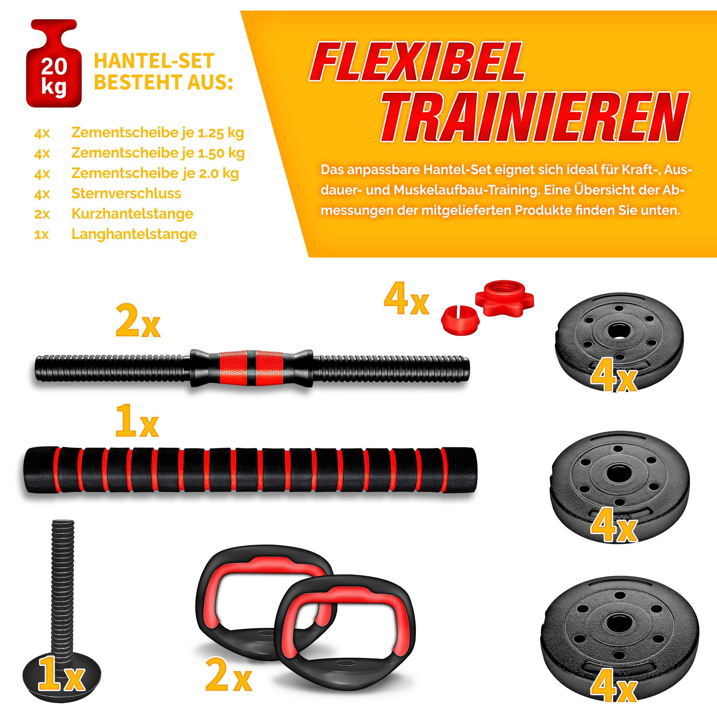 RE:SPORT Hantel-Set Hantelset verstellbar, Kurzhantel & Langhantel, Sternverschlüsse & Verbindungsrohr