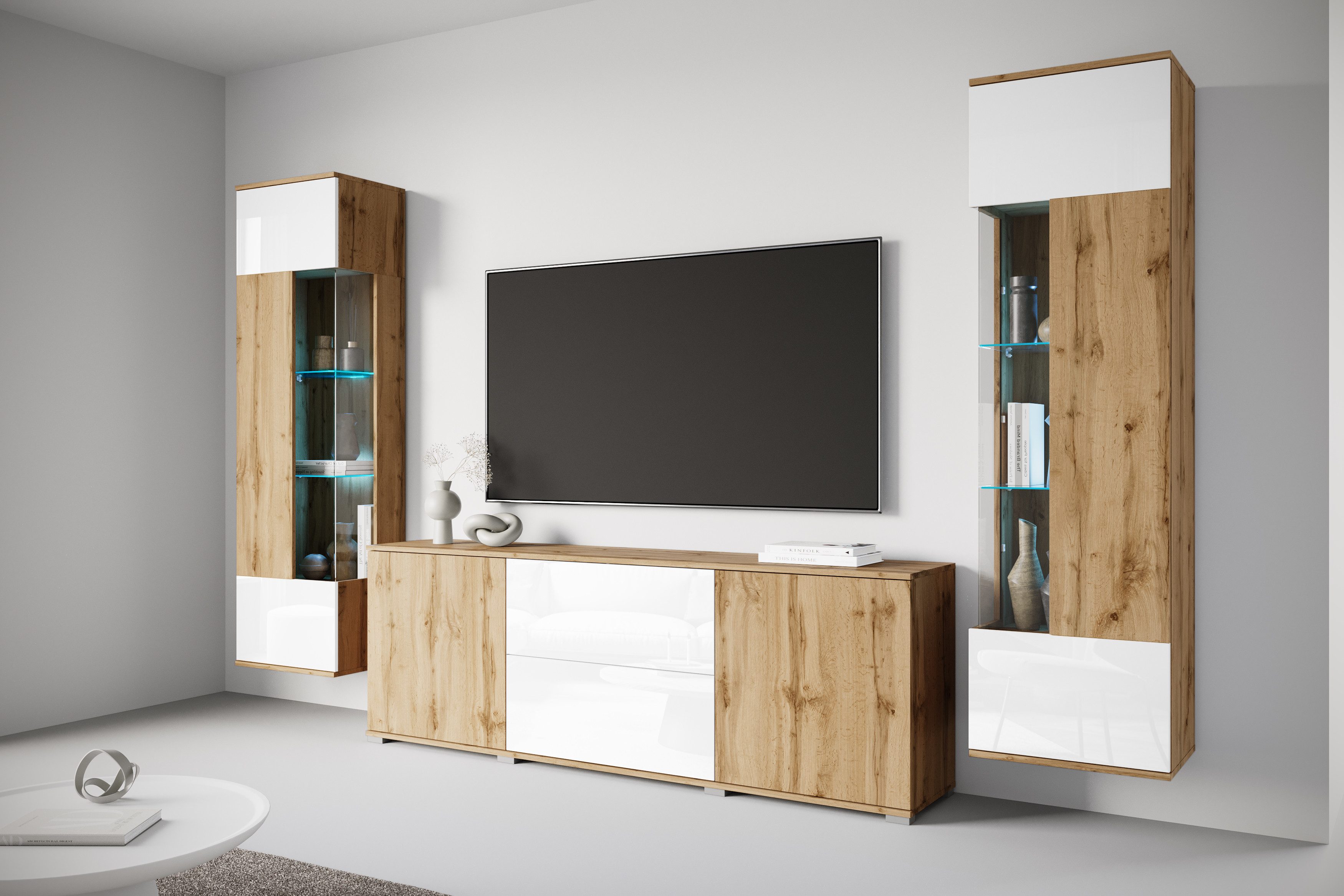 OTTO home Wohnwand KENIA, (Komplett-Set, 3-St), Vitrinen mit Eckverglasung, hängend und stehend montierbar
