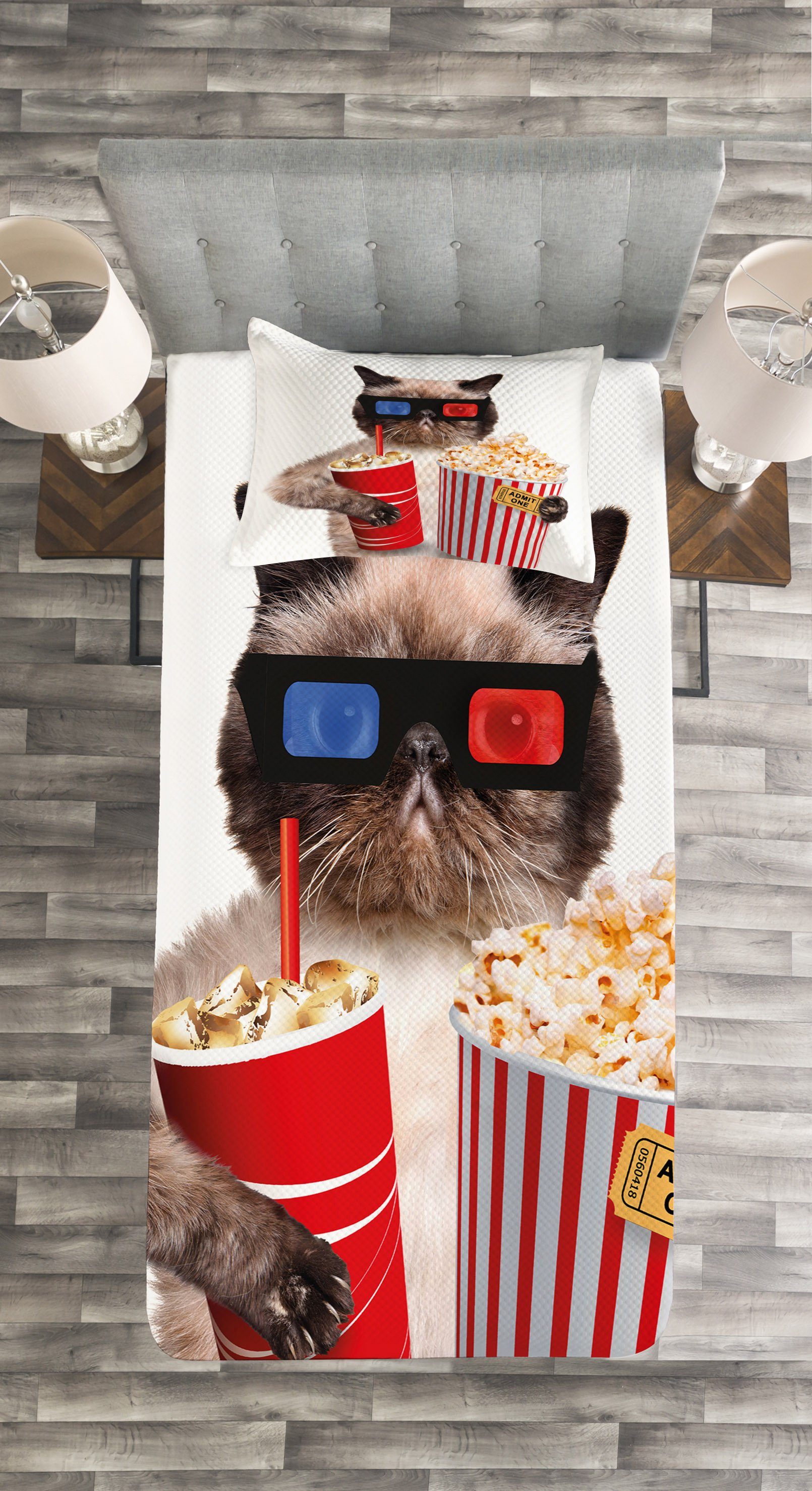 Waschbar, Tagesdecke Kino Set Kissenbezügen Popcorn Cat mit Abakuhaus,