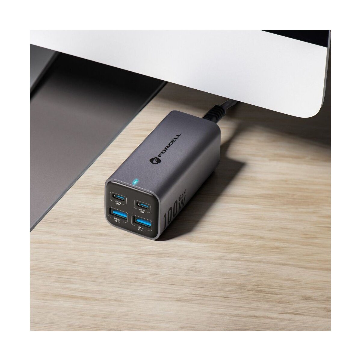 Forcell FORCELL GaN Tischladegerät 100W 2x USB-C + 2x USB-A Grau Smartphone-Ladegerät (Tischladegerät mit 100W Gesamtleistung)