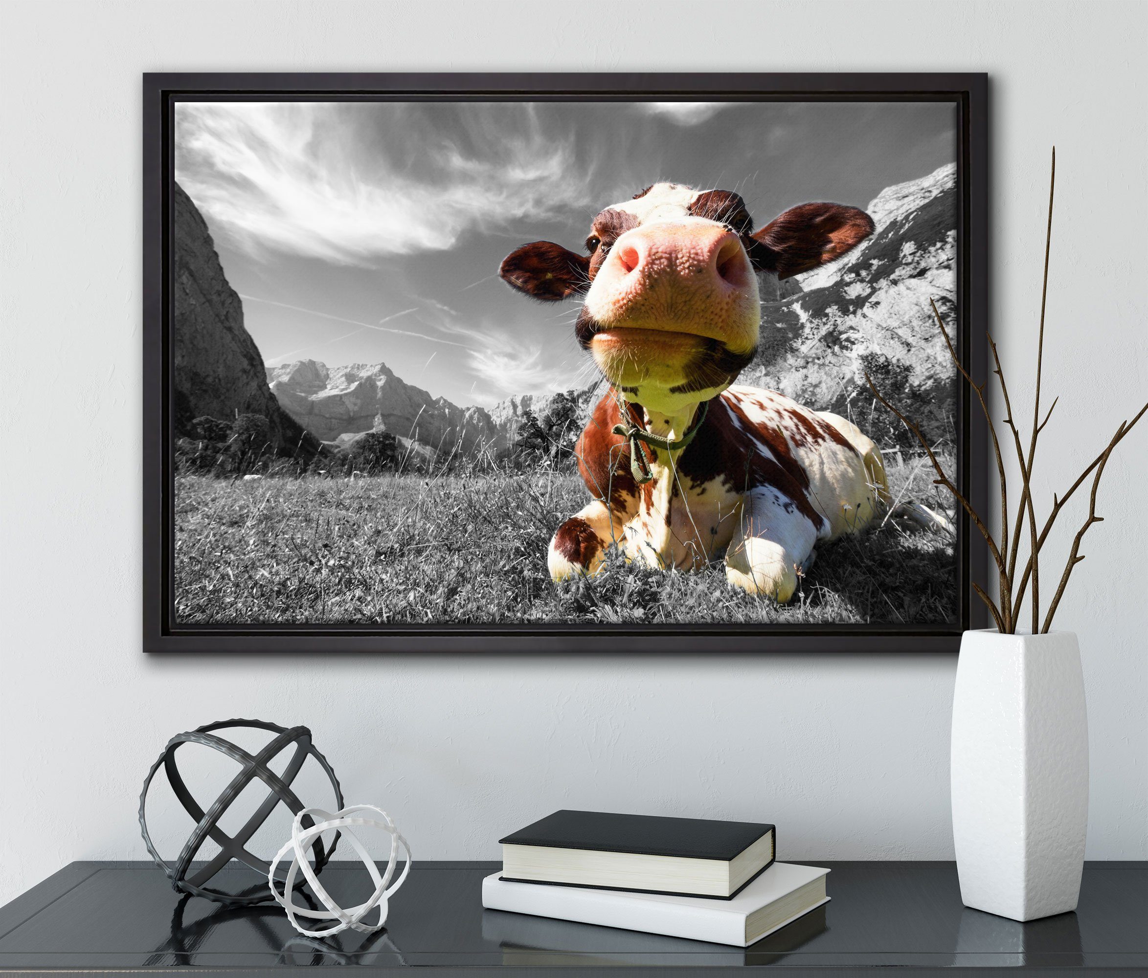 Pixxprint Leinwandbild Kuh Zackenaufhänger Schattenfugen-Bilderrahmen inkl. im (1 in fertig Leinwandbild Karwendelgebirge, gefasst, Wanddekoration St), einem bespannt