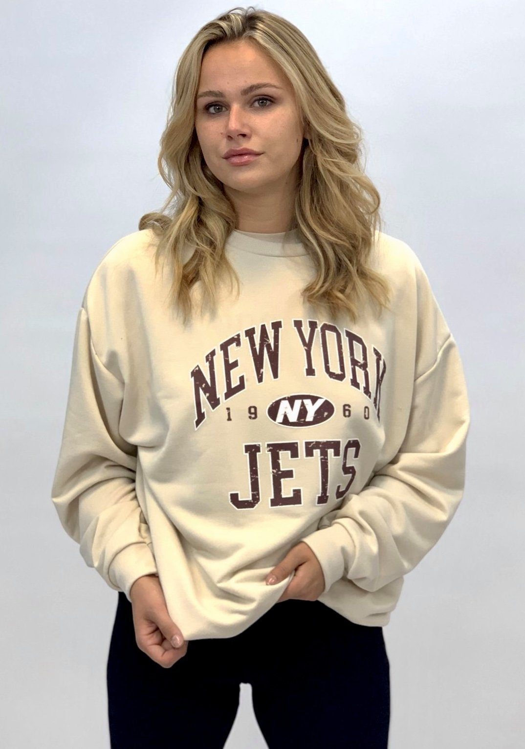 Worldclassca Longsweatshirt Worldclassca Damen Mädchen Oversized Sweatshirt Lounge Homewear Sweater Shirt Bedruckt Schriftzug NEW YORK JETS College Uni Farben Freizeit Sport Langarmshirt Oberteil Pulli Pullover Blogger S-L NEU