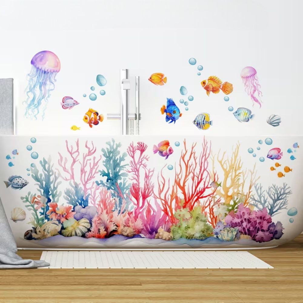 Montegoni Wandsticker Wandsticker Meer Tiere Korallen Fische Badezimmer Deko ablösbar (Einzelset Wandtattoo, 1 Bogen Wandsticker), Selbstklebend, Ablösbar, Wasserfest, Bunt, Flexibel, langlebig