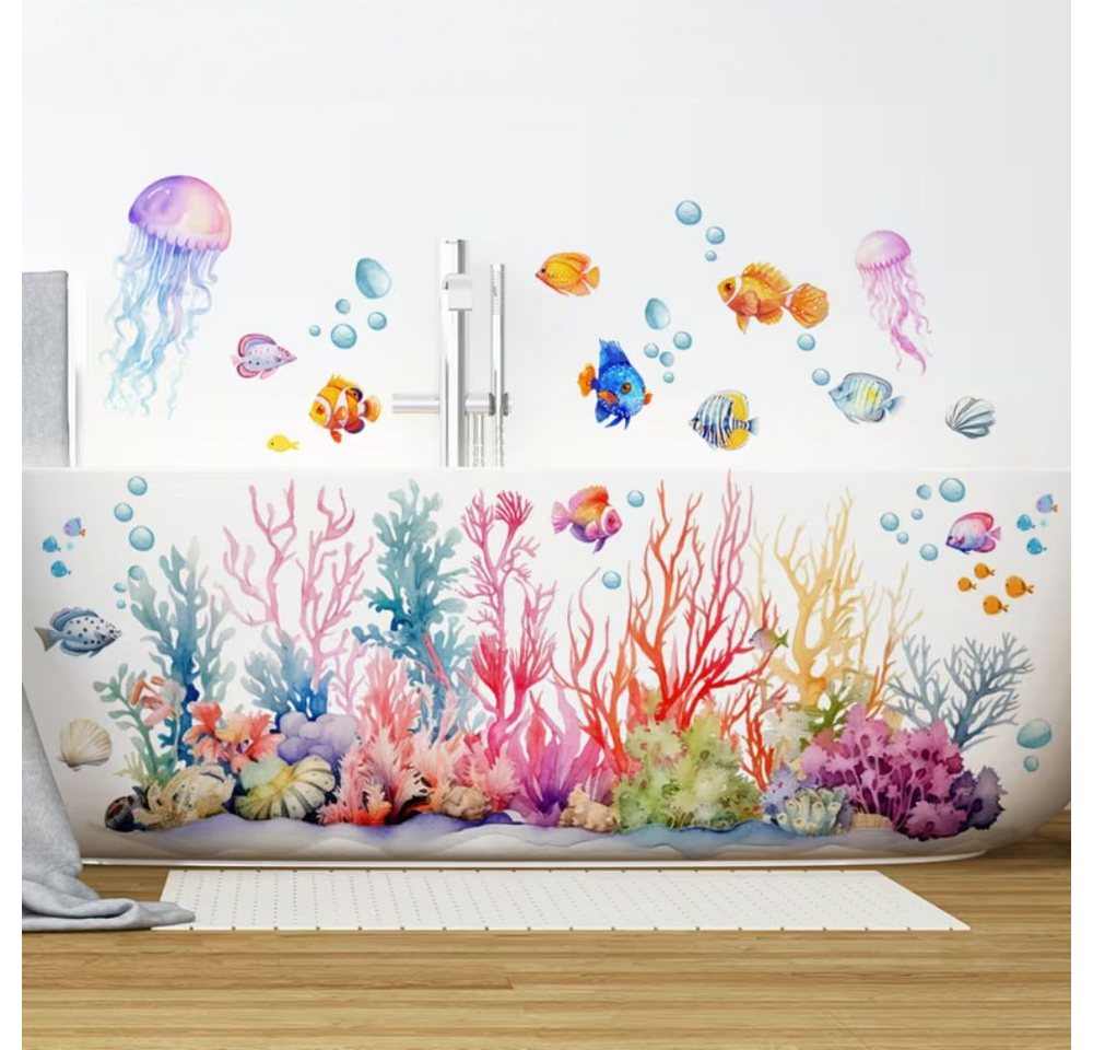 Montegoni Wandsticker Wandsticker Meer Tiere Korallen Fische Badezimmer Deko ablösbar (Einzelset Wandtattoo, 1 Bogen Wandsticker), Selbstklebend, Ablösbar, Wasserfest, Bunt, Flexibel, langlebig