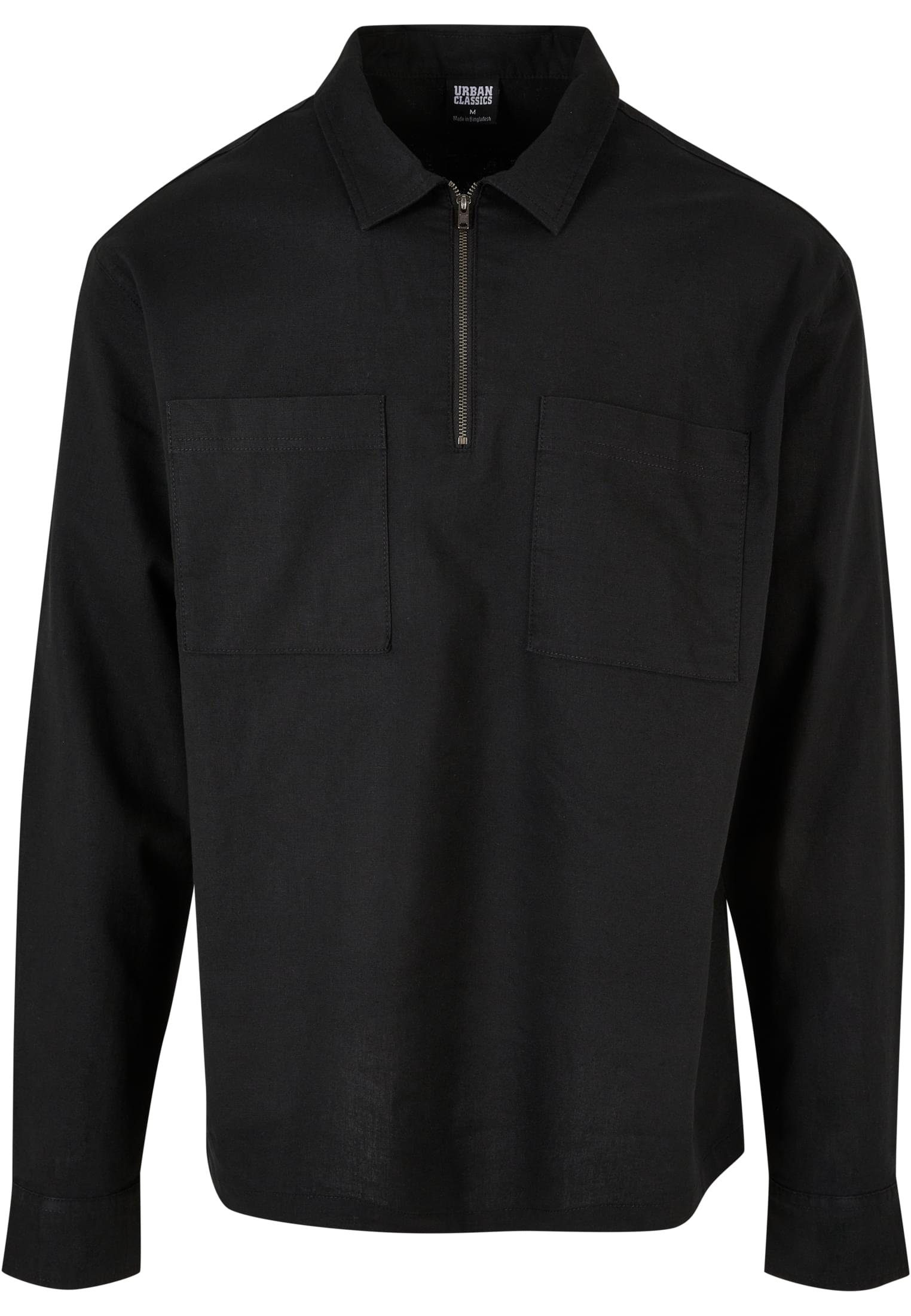URBAN CLASSICS Langarmhemd Herren Cotton Linen Half Zip Shirt (1-tlg) Schwarz
