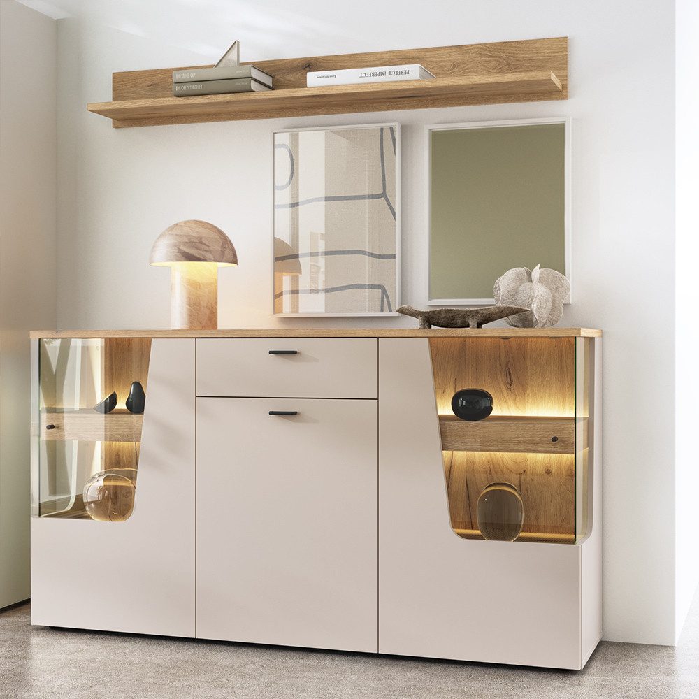 Lomadox Esszimmer-Set CARMONA-129, (Spar-Set, 2-St., Sideboard Wandregal), in kaschmir und Eiche, inkl. LED-Beleuchtung