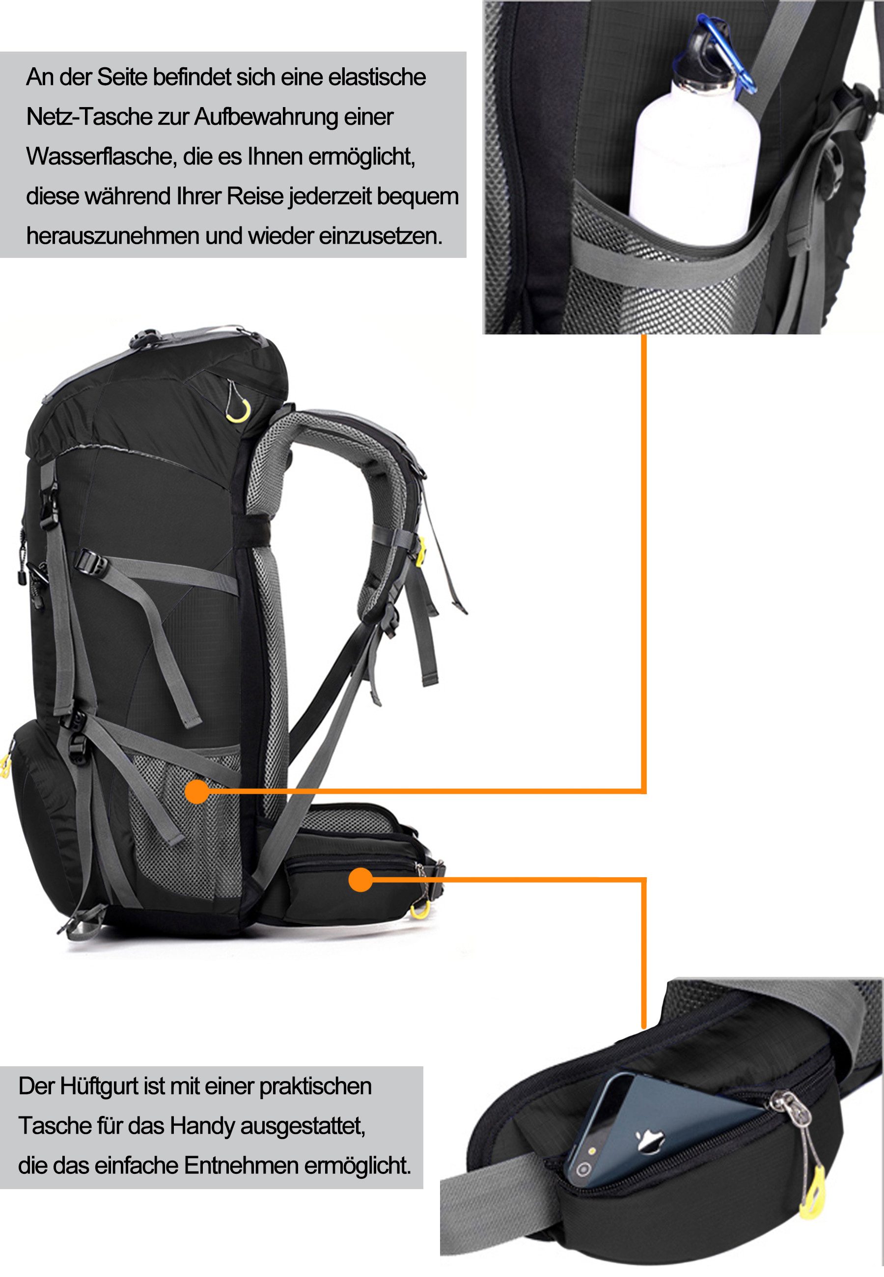 RAIKOU Wanderrucksack 50L Trekkingrucksack Wasserdicht, Reisetasche Ultralight (Regenhülle, Hüftgurt mit praktischen Taschen), Atmungsaktives Tragesystem