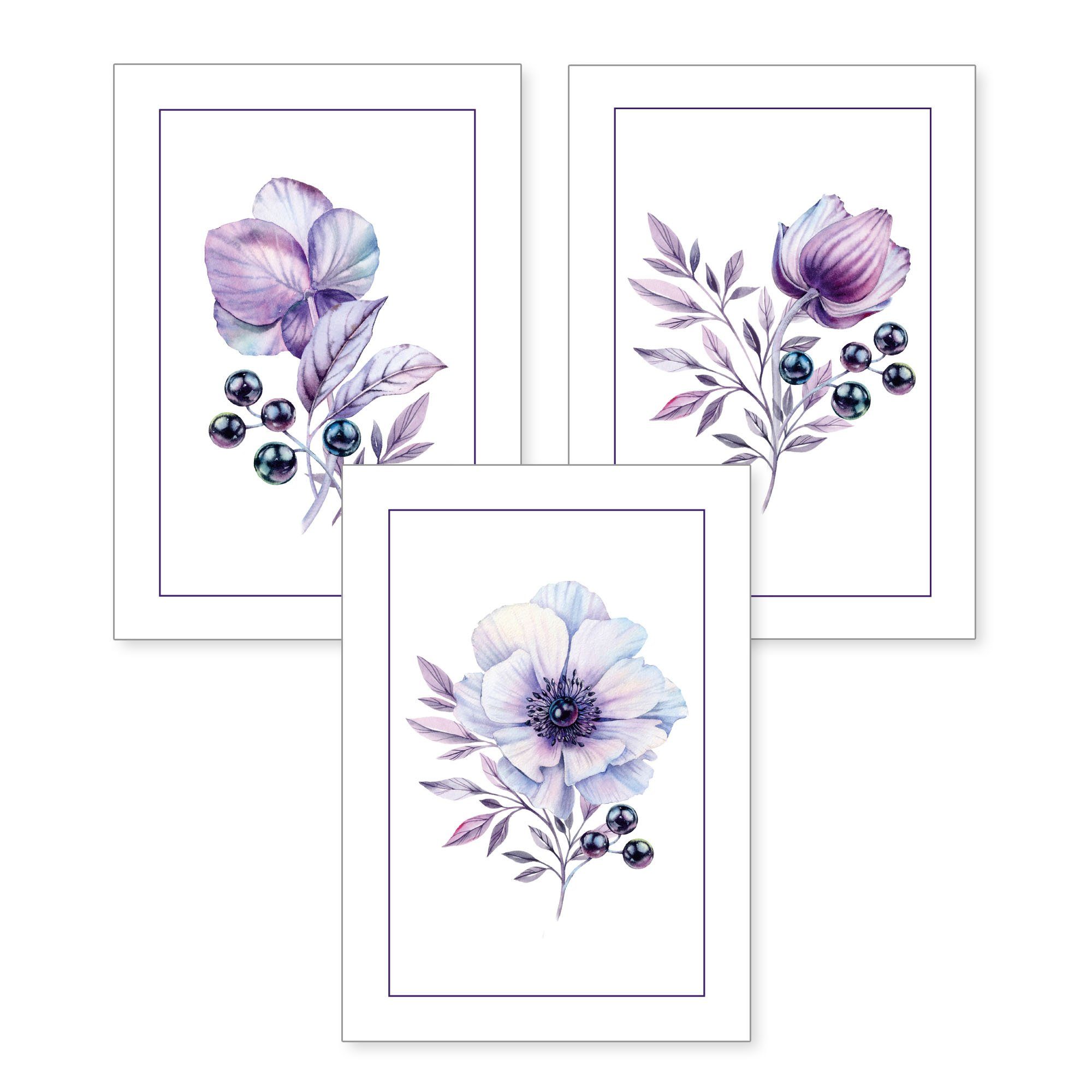 Kreative Feder Poster, Natur, Blumen, lila, violett, Zeichnung, Aquarell (Set, 3 St), 3-teiliges Poster-Set, Wandbild, optional mit Rahmen, DIN A4 oder A3