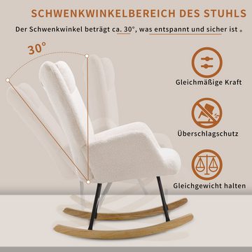 OBOSOE Schaukelstuhl Bequemer weißer Teddyplüsch-Schaukelstuhl mit Kopfstütze und Fußstütze, Belastbarkeit bis 100 kg