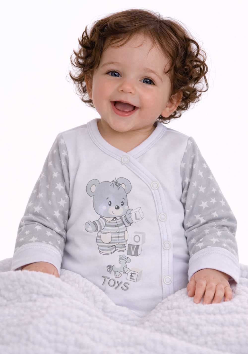La Bortini Wickelbody Langarmbody Baby Body in Grau mit Sternchen und Bären aus reiner Baumwolle, 44 50 56 62 68 74 80 86 92 98 104