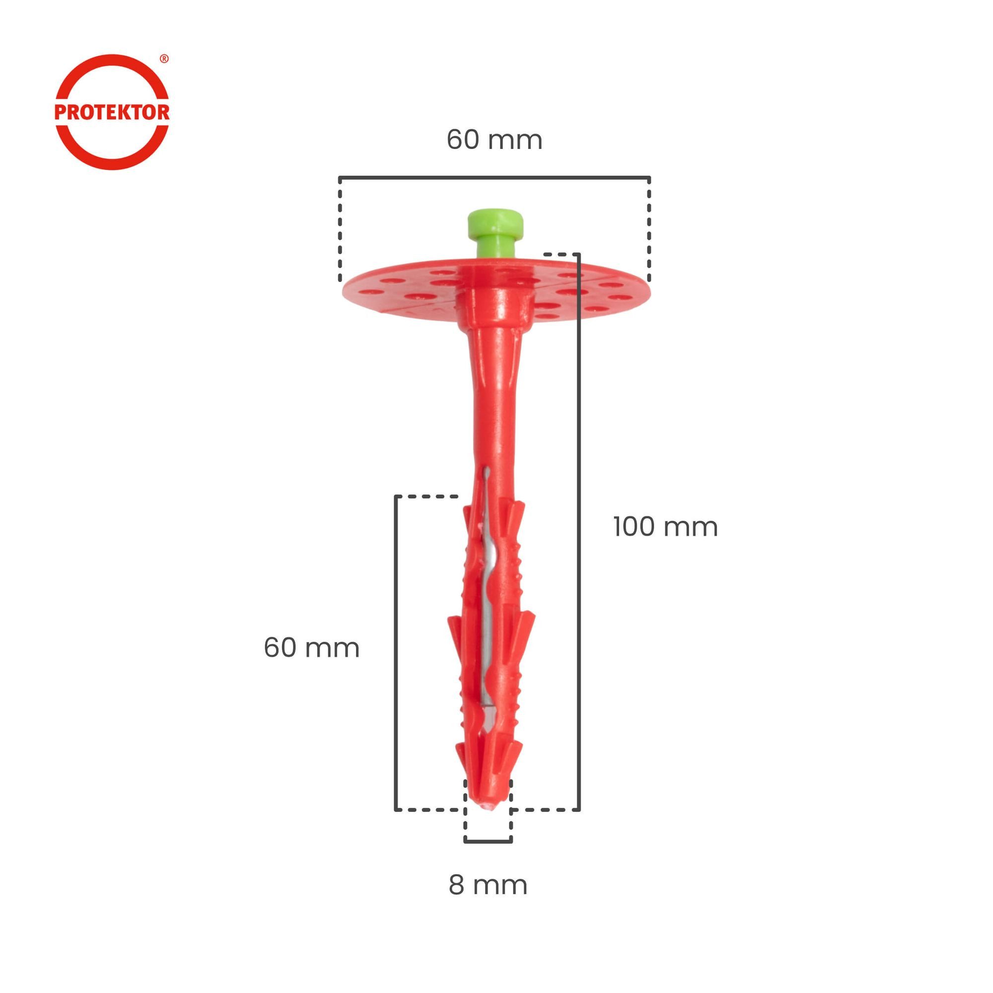 PROTEKTOR Schrauben- und Dübel-Set Dämmstoffdübel Ø8mm, Schlagdübel mit Stahlnagel für WDVS, (Dämmstoffdübel 100 Stück Ø8x100mm, 100 St., Fassadendübel für WDVS und zur Befestigung von Fassadendämmung), ETA-zertifizierte Schlagdübel Tellerdübel für alle Nutzungskategorien