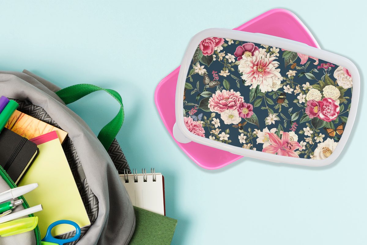 Lunchbox Muster Kunststoff für Erwachsene, rosa Kinder, Brotdose Brotbox - - Rose Blätter, (2-tlg), Kunststoff, Mädchen, Snackbox, MuchoWow