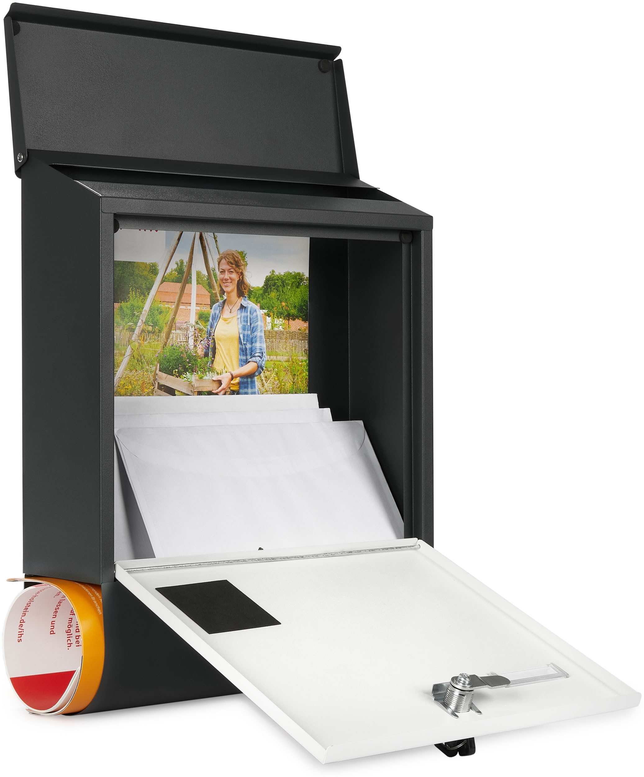 BRUBAKER Briefkasten mit Zeitungsfach - Postkasten mit Zeitungsrolle und Namensschild (1-St., mit 2x Schlüsseln - Anthrazit und Weiß), Großer Wandbriefkasten aus Aluminium und verzinktem Stahl