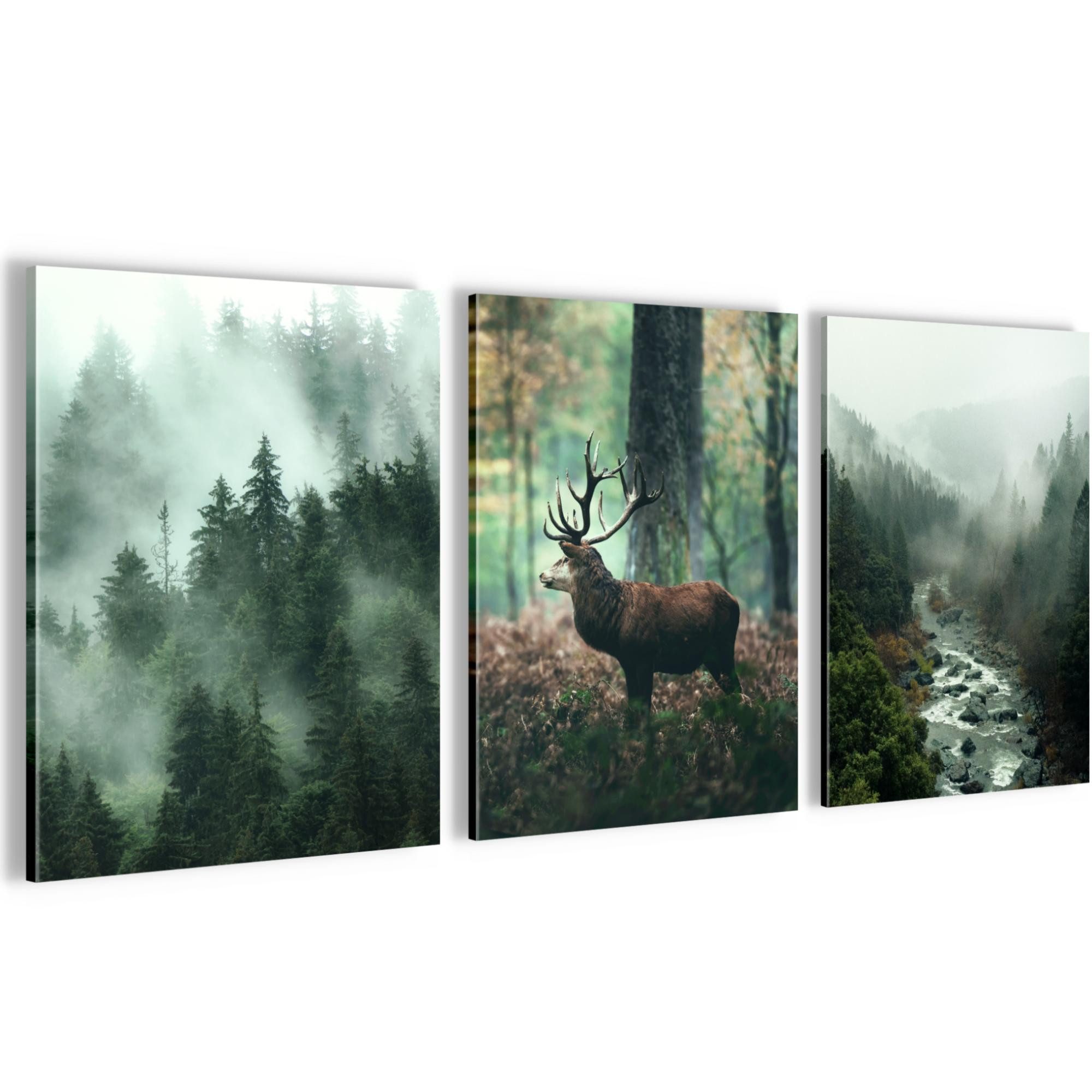 Novart Wandbild Wald Natur Bilder Set 3 Teilig Wohnzimmer Schlafzimmer Deko, Hirsch