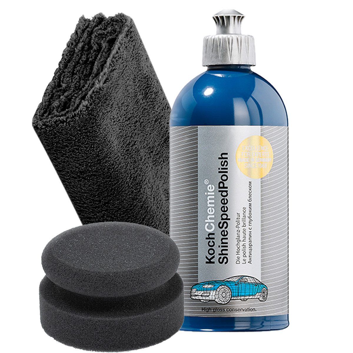 Koch Chemie Shine Speed Polish 500ml Auto Handpolitur Set Schwamm Tuch Autopolitur, Hochglanz-Politur, Finish, Polierschwamm, Poliertuch, Autopolitur