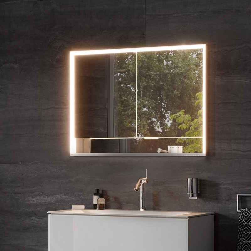 Keuco Spiegelschrank Royal Lumos (Badezimmerspiegelschrank mit Beleuchtung LED), Unterputz-Einbau, mit Steckdose, dimmbar, einstellbare Lichtfarbe, Aluminium-Korpus, 2-türig, 100 cm breit