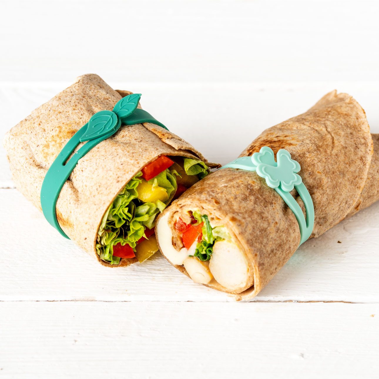 LEKKABOX Gummibänder Wrapbänder 4er Set – Wraphalter für Tortilla Wraps To Go, Brotdose, Elastische Wraphalter in zwei verschiedenen Längen: 2x kurz, 2x lang