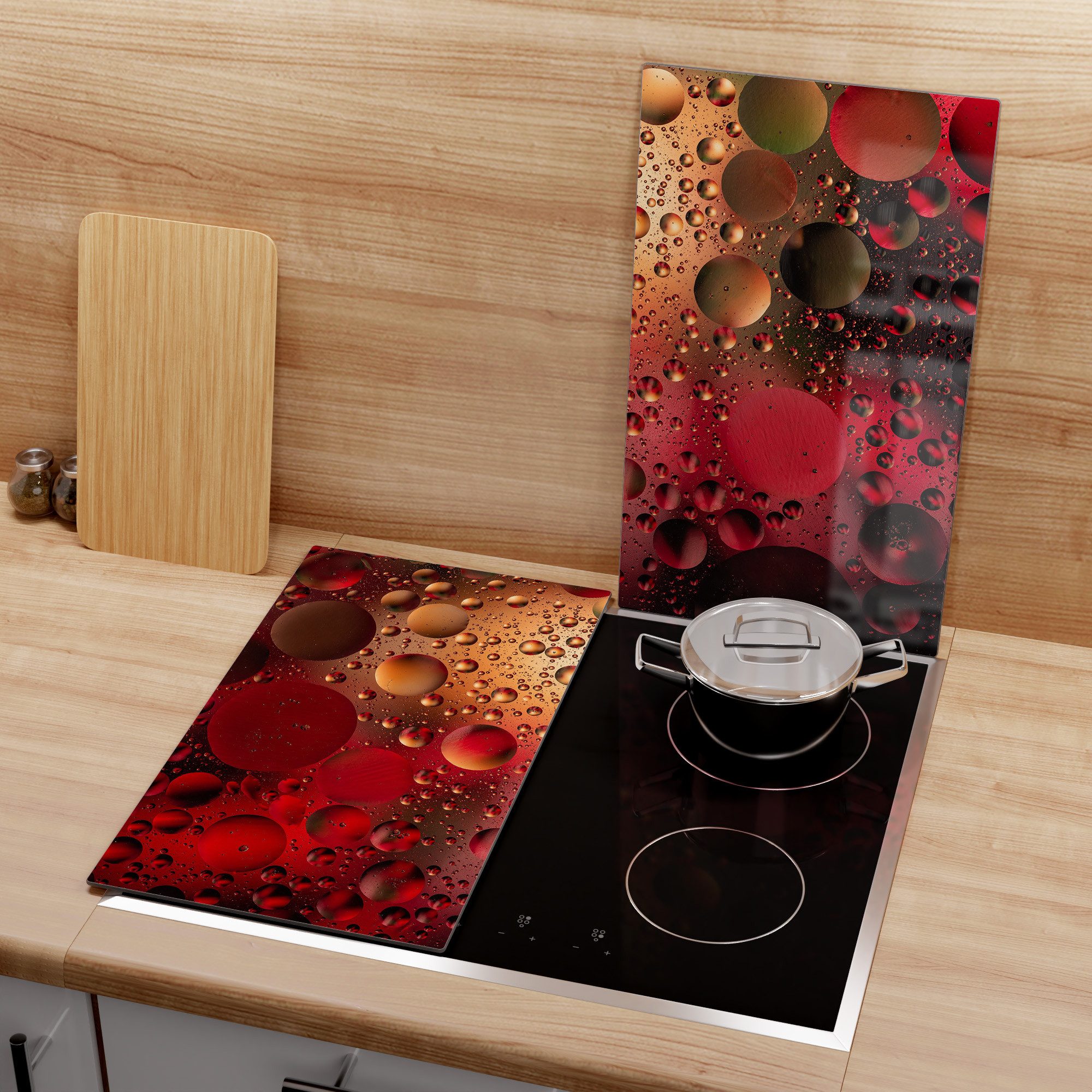 DEQORI Herdblende-/Abdeckplatte 'Feurige Tropfen', Glas, (2 tlg), Herdabdeckplatte Ceranfeld Herd Platte Abdeckung Glasplatte