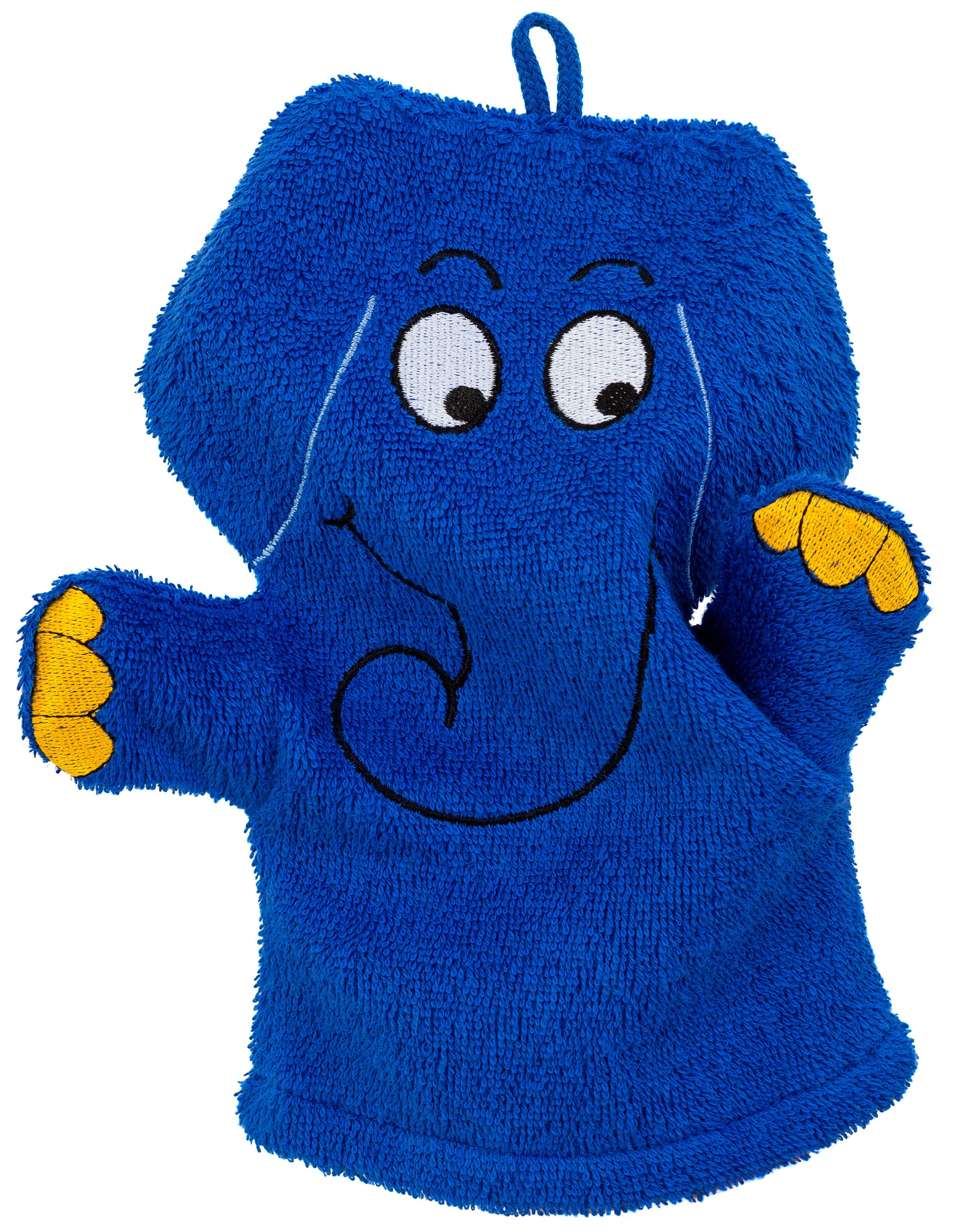 Waschlappen Waschhandschuh Applikation Elefant blauer Smithy (1-tlg),