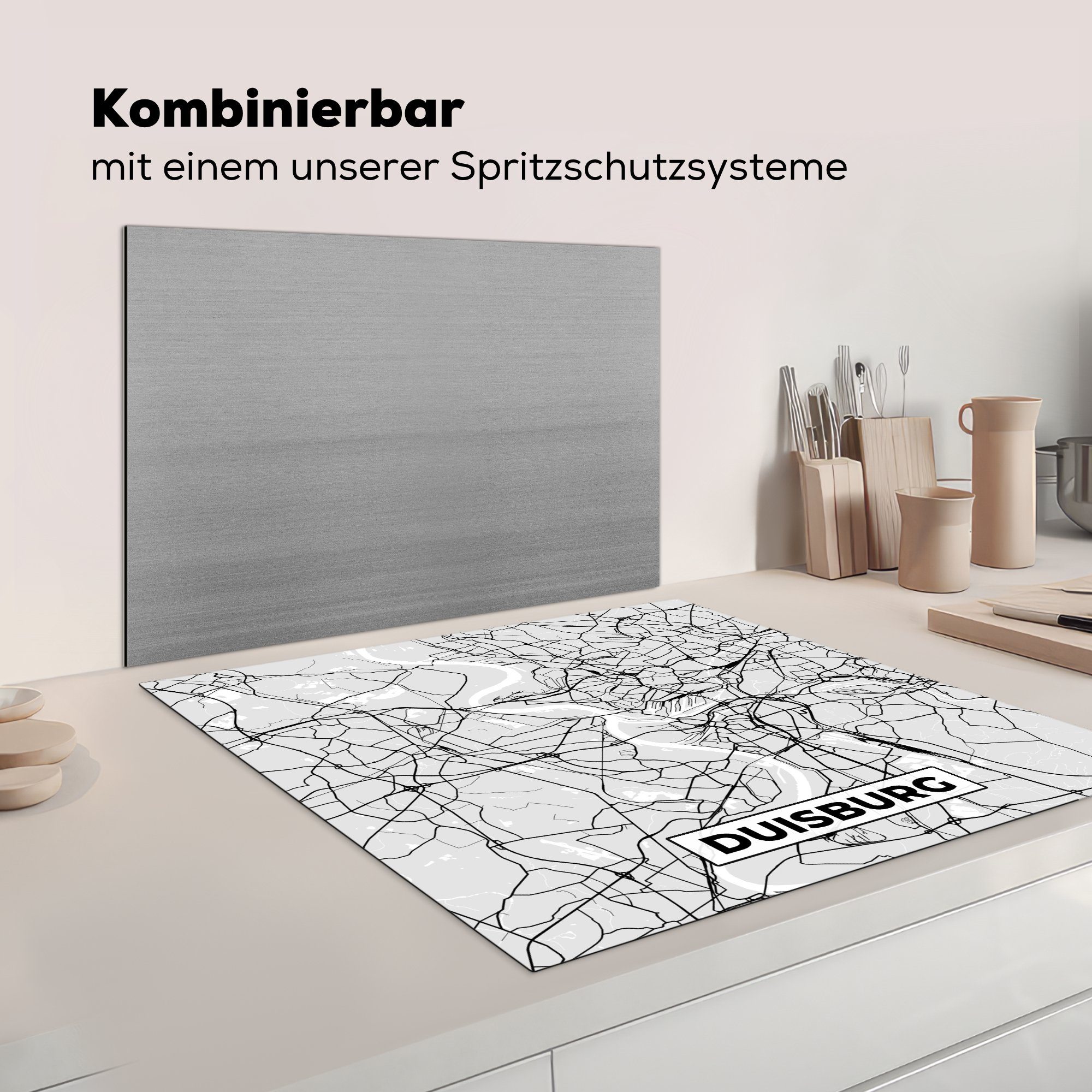 Karte cm, Herdblende-/Abdeckplatte 78x78 - für MuchoWow Duisburg küche Deutschland, Ceranfeldabdeckung, (1 Vinyl, - tlg), Stadtplan - Arbeitsplatte