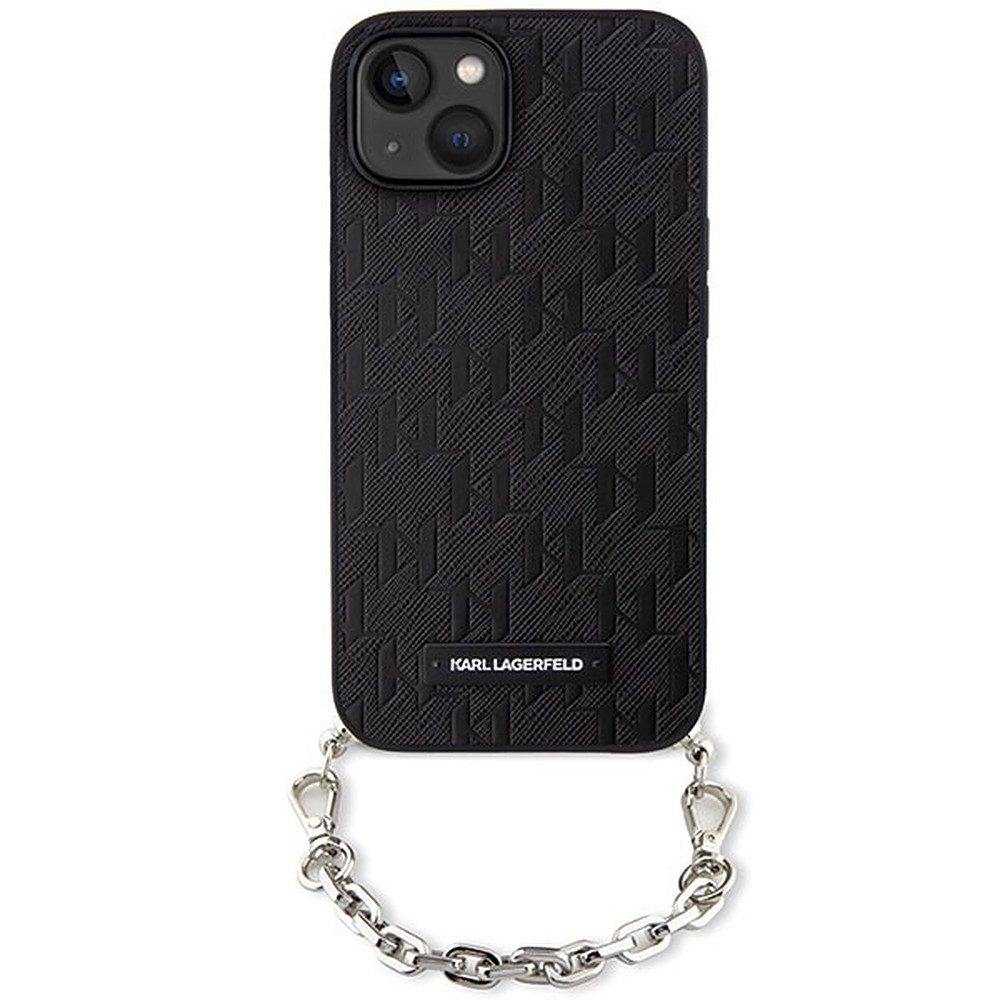 KARL LAGERFELD Handyhülle Hartschale Handykette Schutzhülle 6,1", Saffiano-Prägung, Metallkette, Kameraschutz
