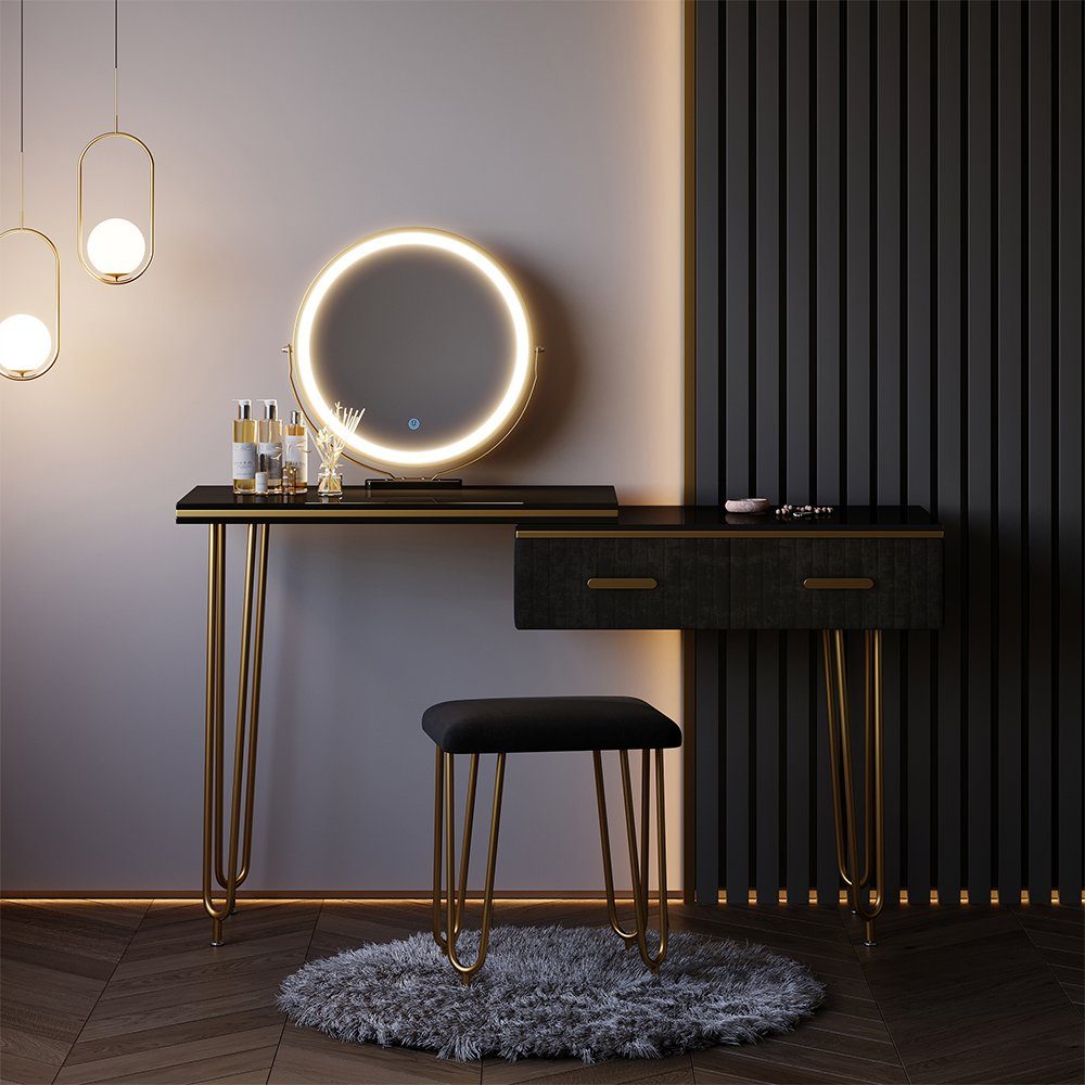 Vicco Schminktisch Zoey, Schwarz Hochglanz, 120 cm mit LED Spiegel und Hock günstig online kaufen